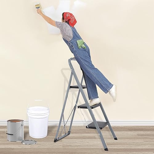 Miniatura 9 de JungleA Escalera de 3 escalones, taburete plegable para adultos, escalera ancha antideslizante para el hogar, cocina, armario, garaje y oficina,