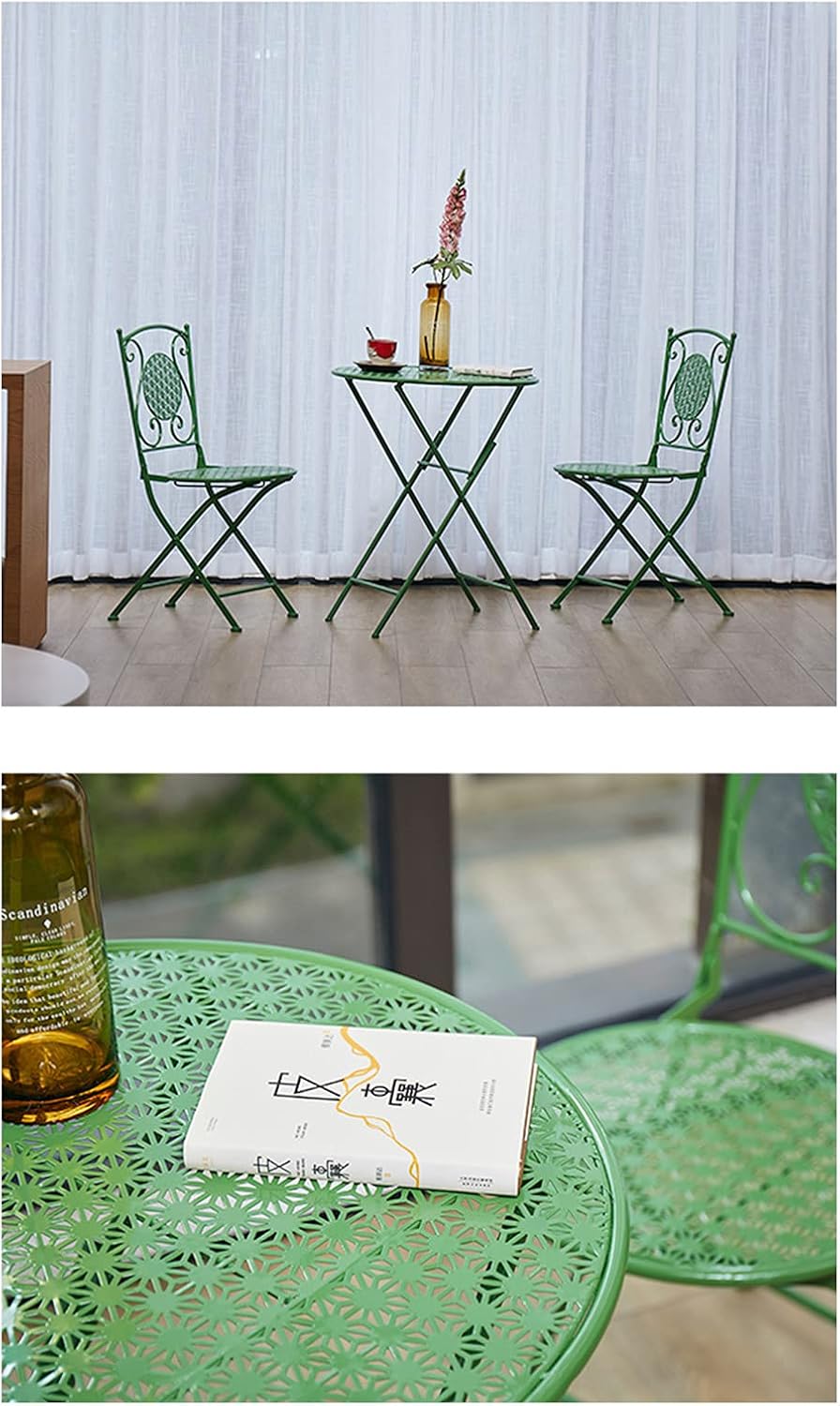 3 Pcs Outdoor Bistro Table Set, Folding Porch Furniture, Metal Patio Dining Table and 2 Chairs, 3 Pieces Portable Patio Bistro Set (Black) (Green)