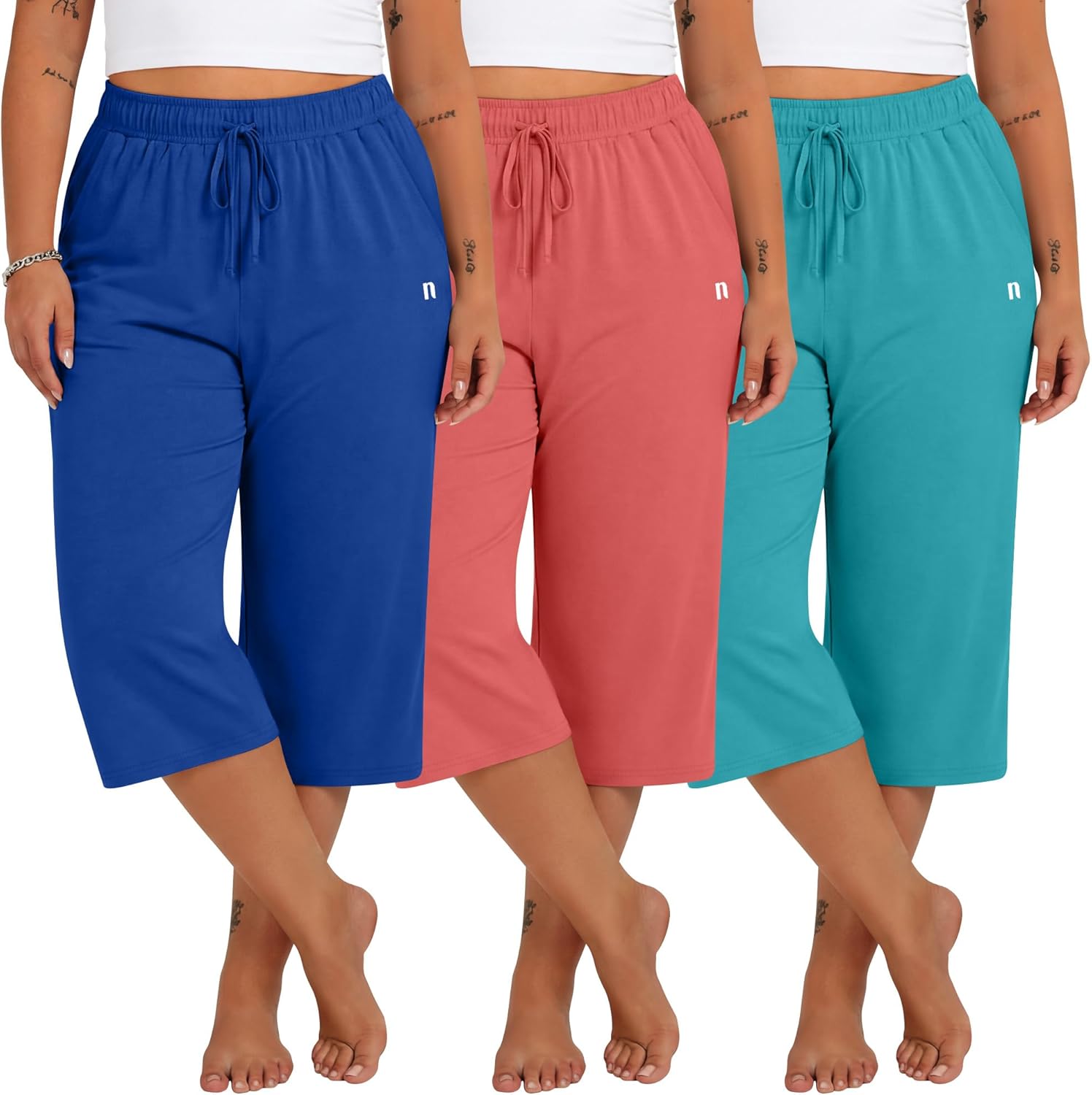 Neer 3 Pack Women's Plus Size Capris,Wide Leg Loose Pants Casual Drawstring Capri Sweatpants Drawstring Pants with Pockets