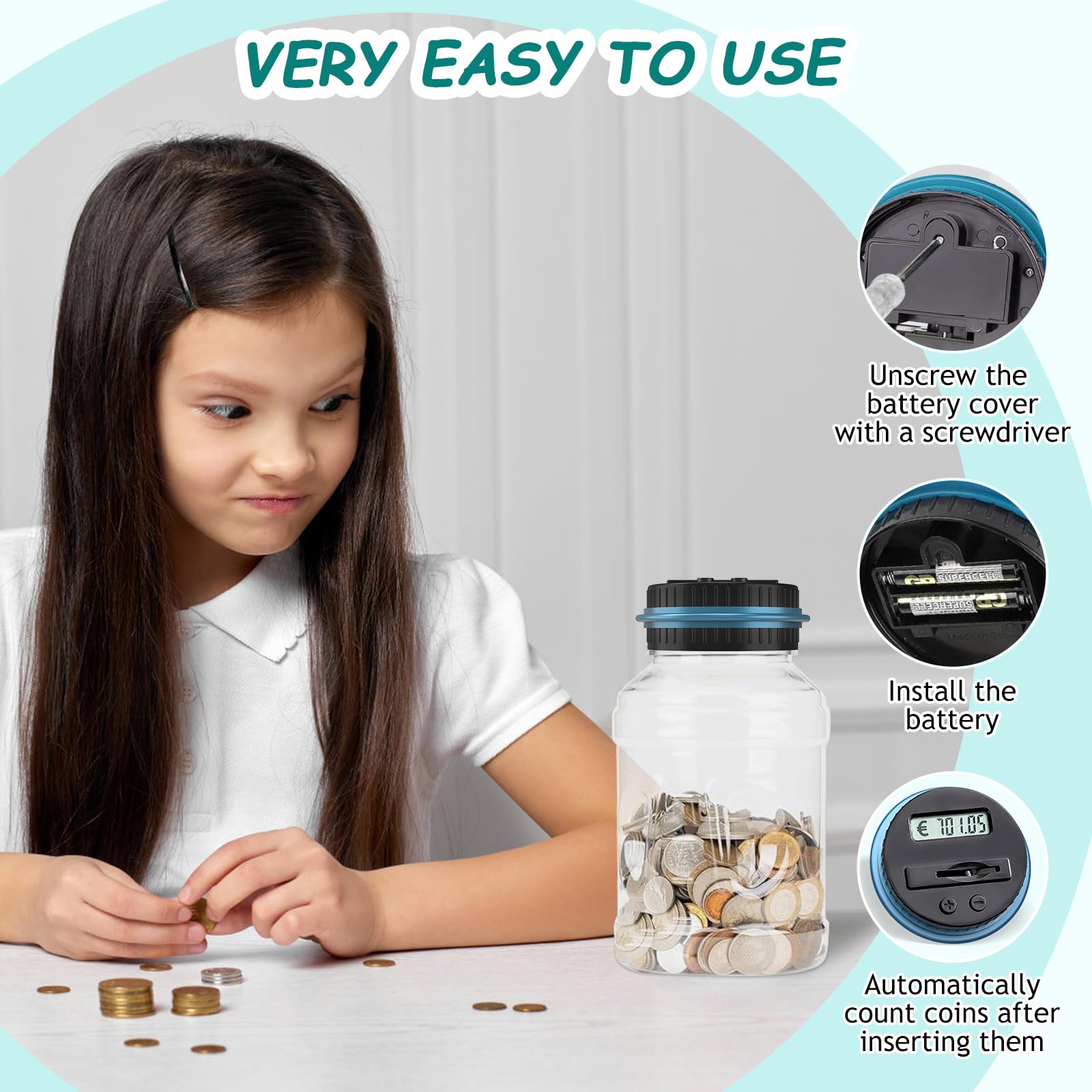 Spaarpot spaarpot, 1,8 l digitale spaarpot met lcd-scherm en grote capaciteit, automatische spaarpot voor kinderen, volwassenen, jongens, meisjes, als cadeau voor Kerstmis, verjaardag, nieuwjaarsdag