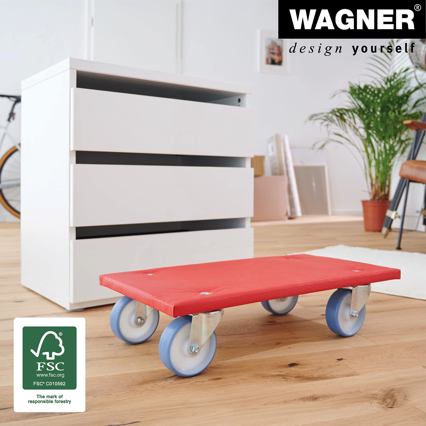 WAGNER Transportroller Transporthilfe 1396 I Multiplex I 57,5 x 30 x 14 cm, Tragkraft 400 kg I Schonbezug gepolstert I Schwerlastrollbrett wasserabweisend I Möbelroller für Umzüge I FSC® I Made in DE