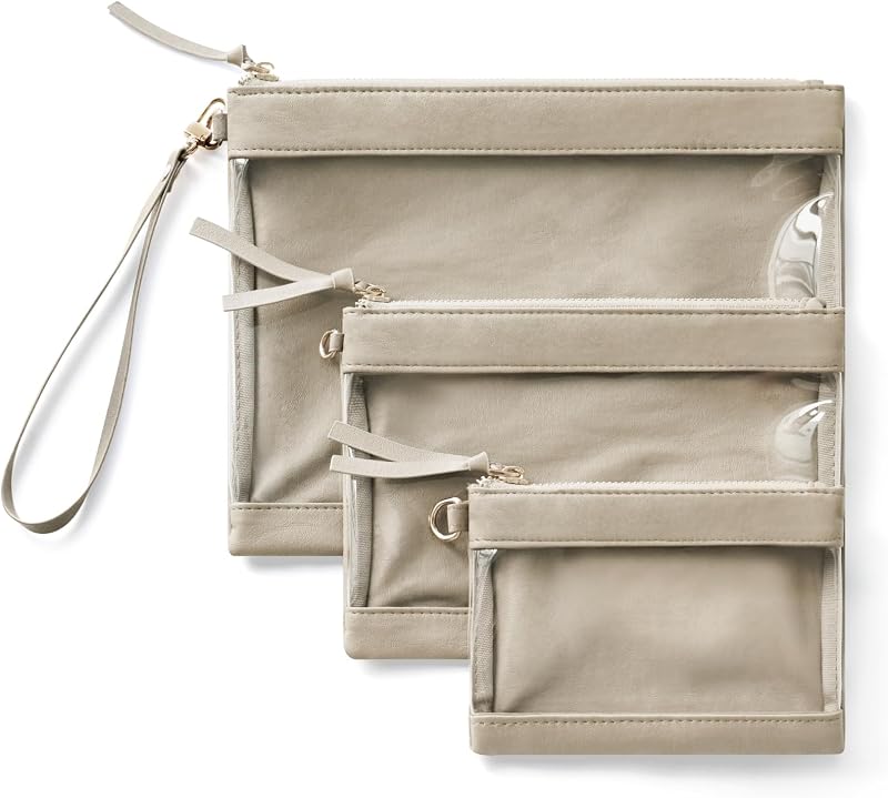 Necessaires transparentes Popvibe com zíper e alça de pulso, Mini, Small e Medium, Taupe, pacote com 3