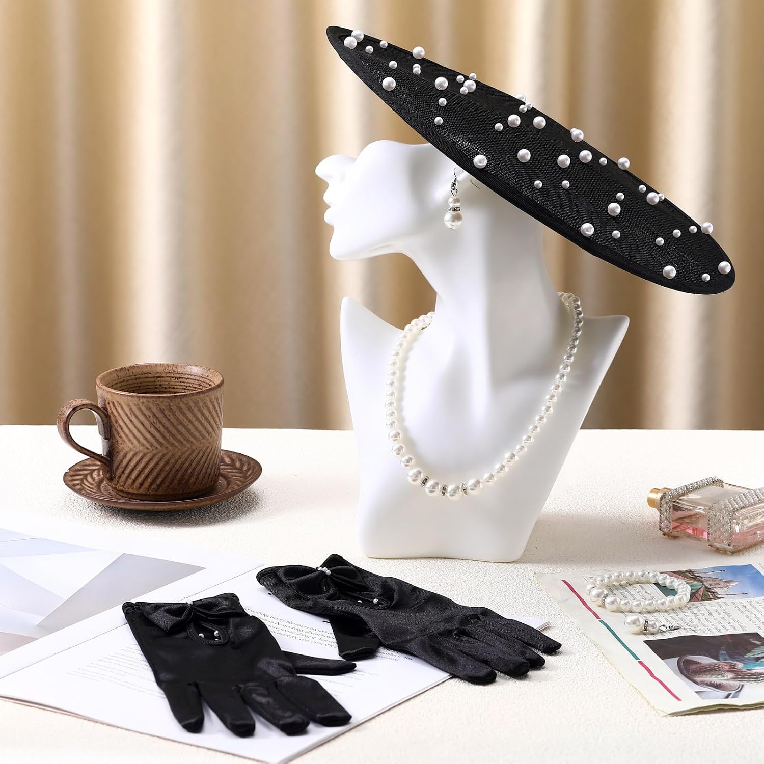 5 Pcs Tea Party Accessories for Women 20s 50s Fascinator Derby Hat Gloves Vintage Cocktail Decoration for Tea Party Wedding Black and White