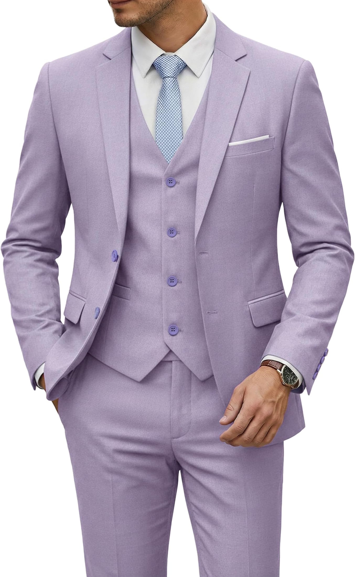 Men's 3 Piece Suit Set with Tie, 2 Button Slim Fit Solid Blazer Jacket Vest Pants, Business Wedding Party Suits for Men