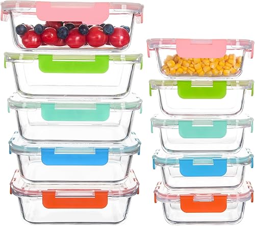 Miniatura 1 de Paquete de 10 recipientes de vidrio para almacenamiento de alimentos con tapas herméticas, ideales para preparación de comidas, almuerzos, aptos