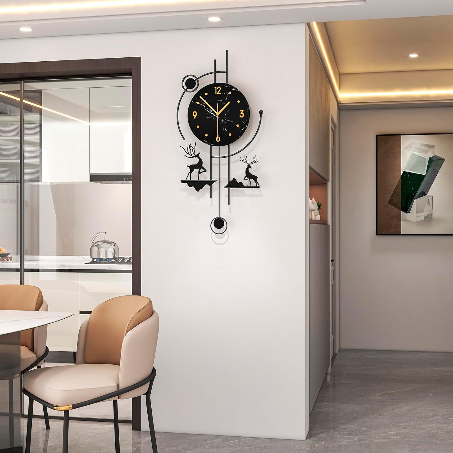 FLEBLE Large Modern Wall Clock with Pendulum –Silent Quartz Battery Operated Decorative Clock for Living Room, Kitchen, Bedroom, Office – Unique Black Deer Design Timepiece, 12.6 x 26.4inch