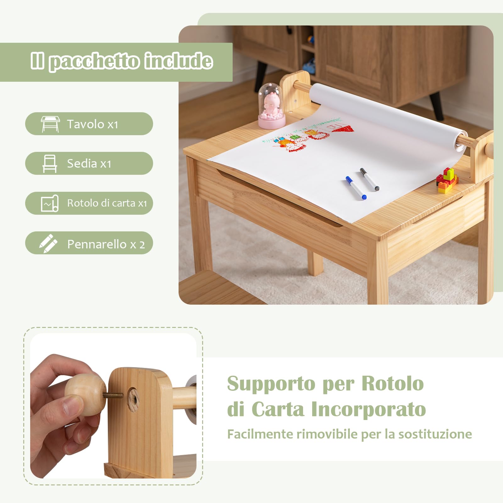 Set Tavolo E Sedia Per Bambini RELAX4LIFE Con Piano Ribaltabile - Legno, Rotolo Di Carta Incluso, Rosa