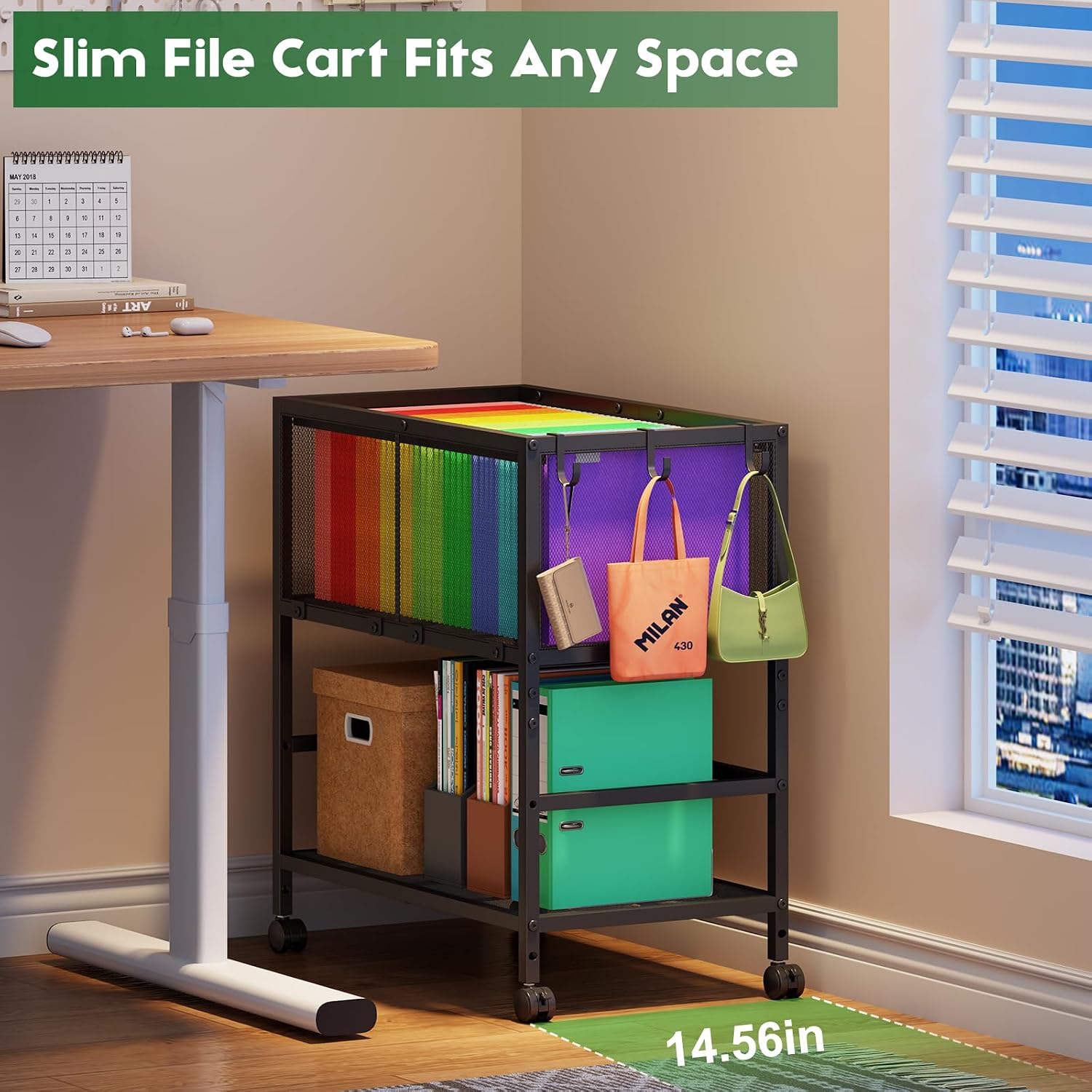 Rolling File Cart for Letter Size, Metal Hanging File Organizer with Storage Shelf, 2-Tier Mobile File Cabinet with 360° Wheels & Hooks, Under Desk Filing Cabinets for Home Office, Black