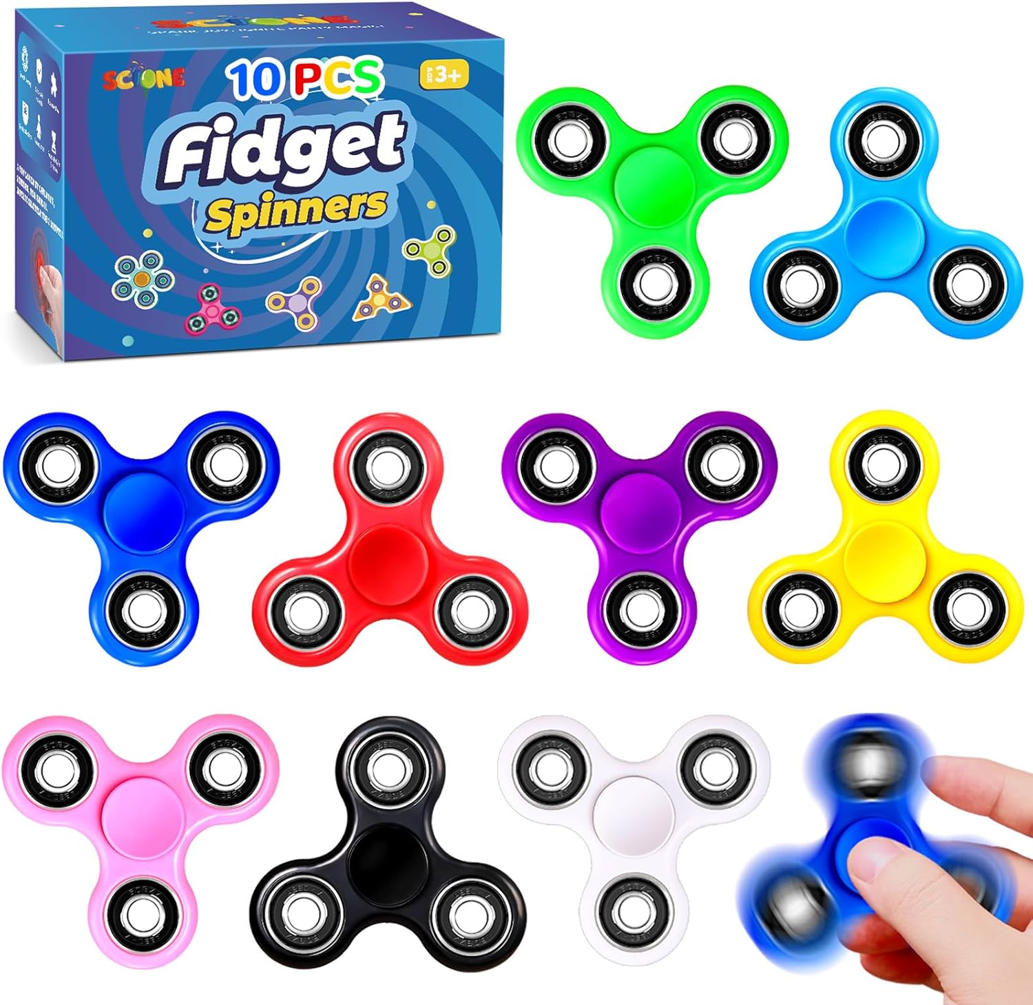 SCIONE Fidget Spinner Bulk 10 Pack Tri-Spinner Office Desk Classroom ADHD Anti Anxiety Focus Finger Fidget Spinners Stress Relief Toys Gifts for Adults Kids Party Favors Easter Basket Suffers