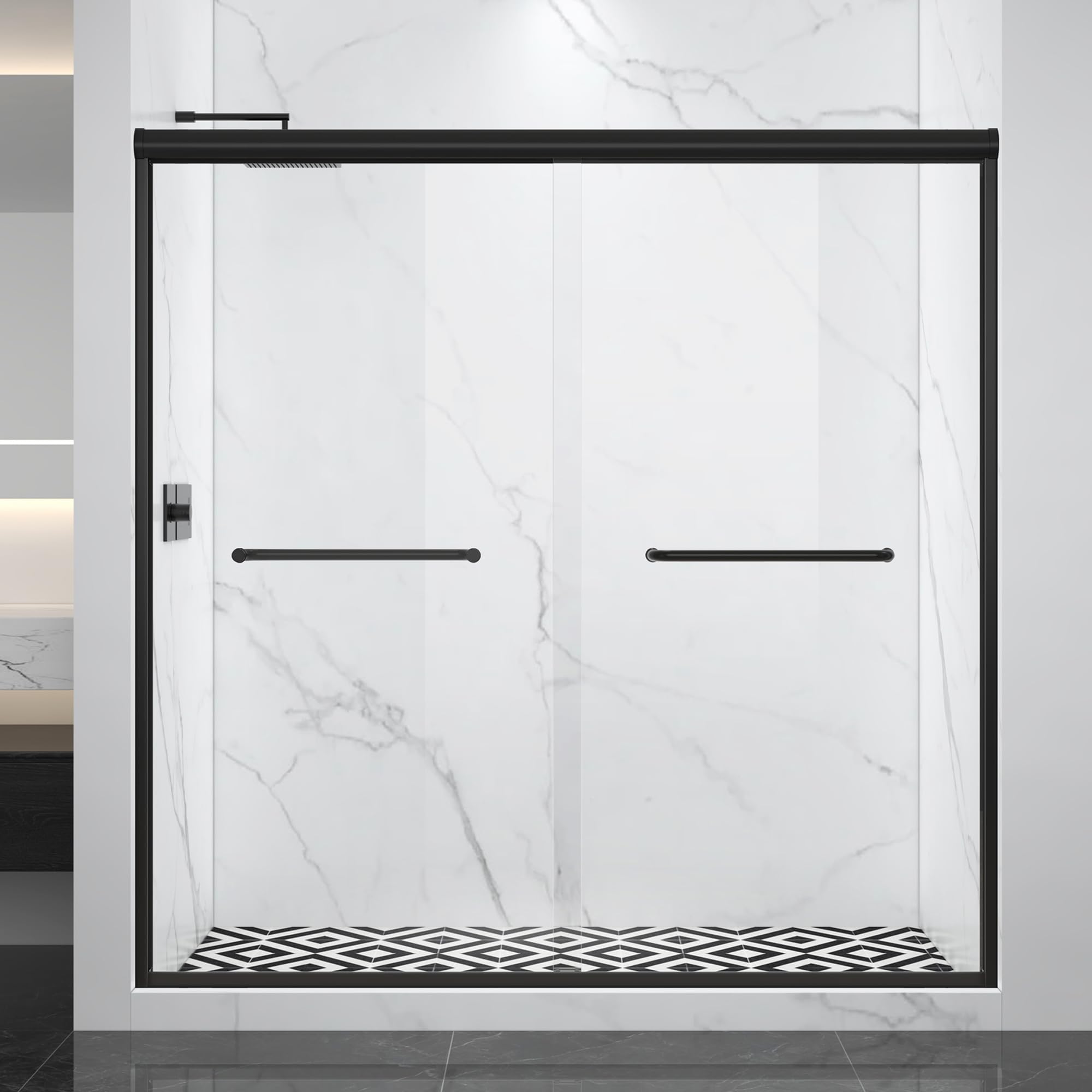 double sliding shower door 67-72" w x 72" h, matte black, bypass shower door, clear glass, framed, 1/4" (6mm) tempered glass