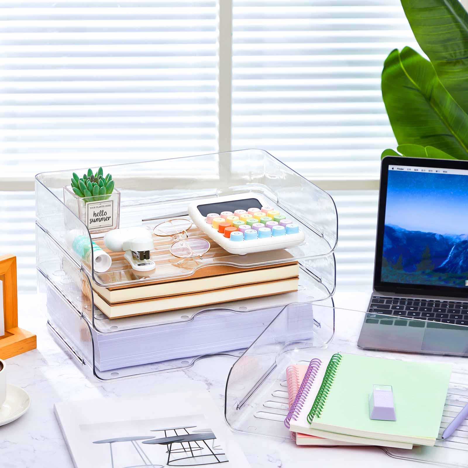Juexica Lot de 4 corbeilles à courrier de bureau A4 en PET transparent empilable avec fond antidérapant, organisation de bureau et rangement pour notes, stylos, papier de fichier, bureau