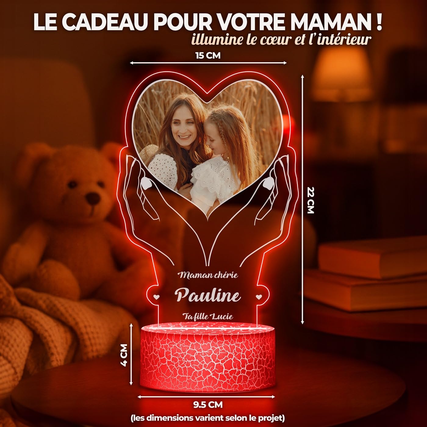 Maverton Lampe LED Personnalisée Pour Maman - Lampe Photo Personnalisé - Cadeau Personnalisé Fete des Meres - Cadeau Maman Anniversaire - Plaque Acrylique 22x15cm avec Socle Lumineux - coeur