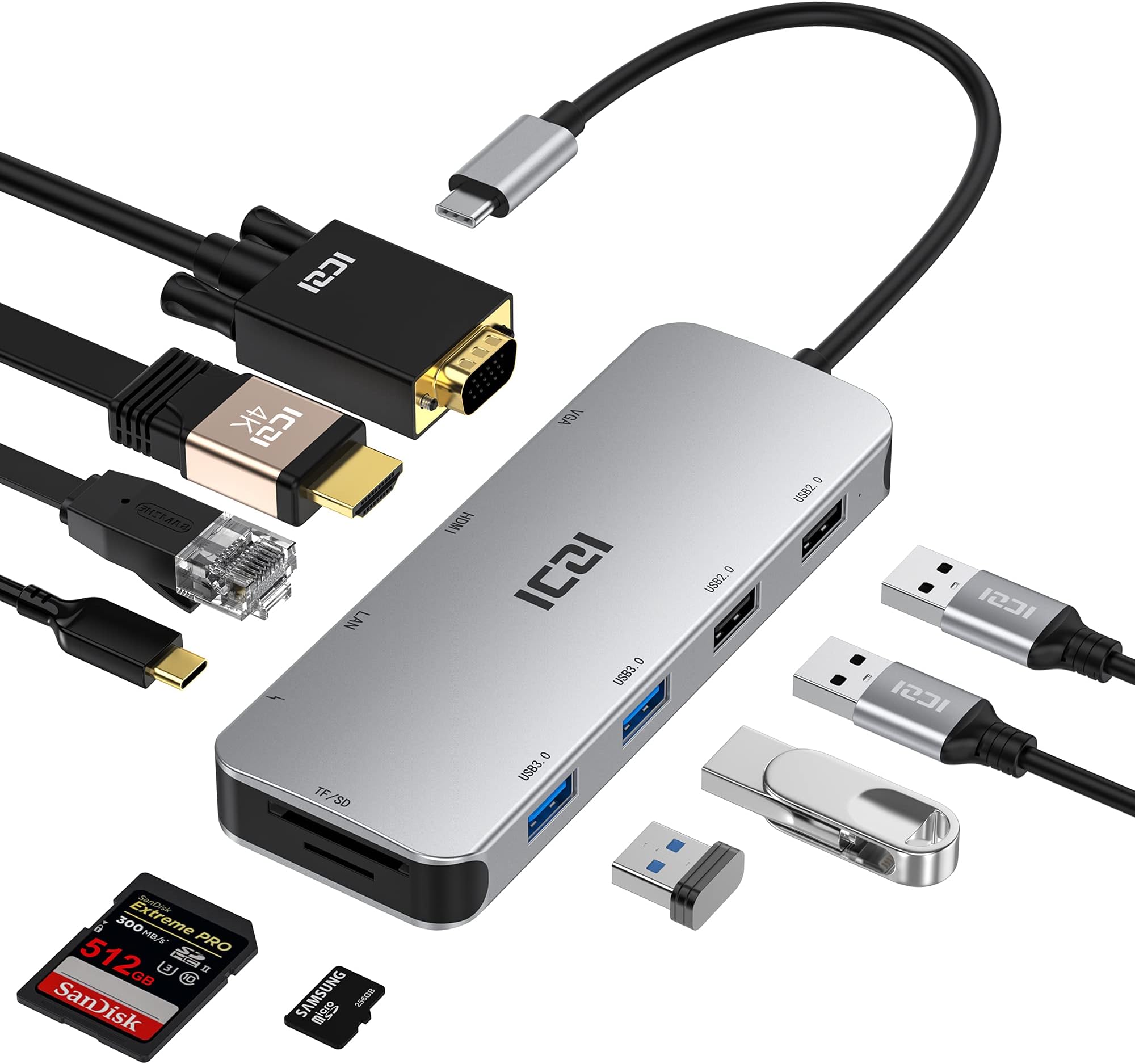 ICZI USB C Docking Station, USB C Hub 10-IN-1 Space Gray 4K HDMI VGA 100W PD Charging, 2 USB-A 3.0 5Gbps 2 USB-A 2.0 Data Ports MicroSD TF Card Reader for MacBook Air/Pro, iPad Pro/iPad Air, XPS, Envy