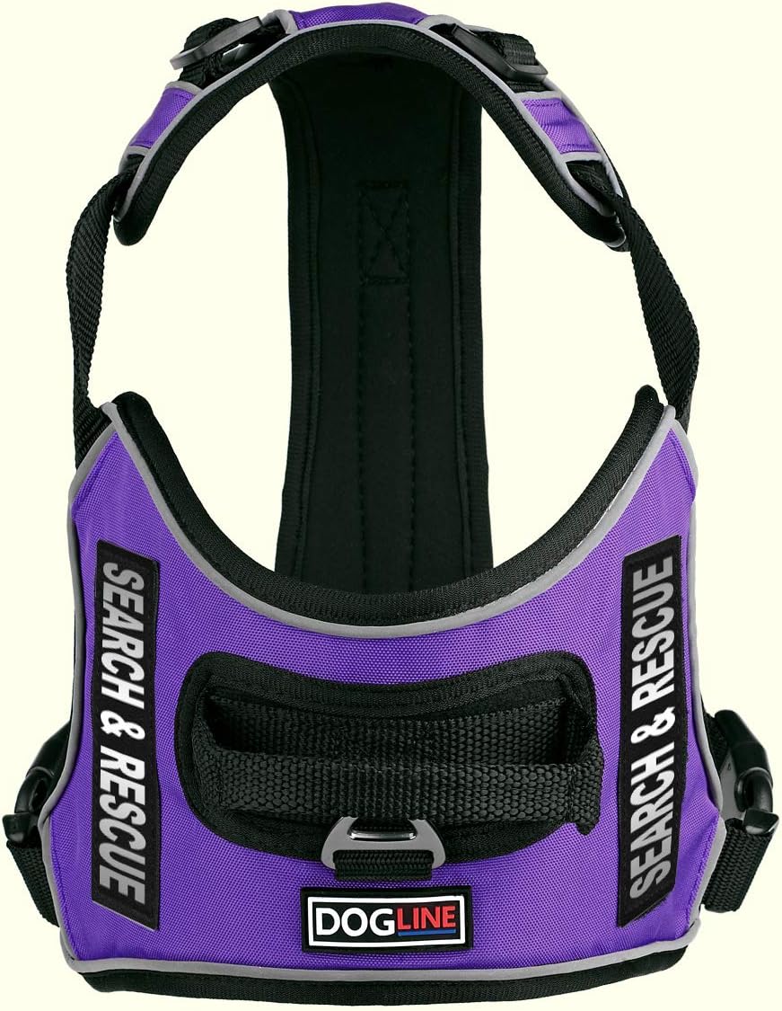 Dogline Quest No-Pull Dog Harness with Search & Rescue Reflective Removable Patches Soft Comfortable Dog Vest with Quick Release Dual Buckles Black Hardware and Handle 18 to 22 inches Purple