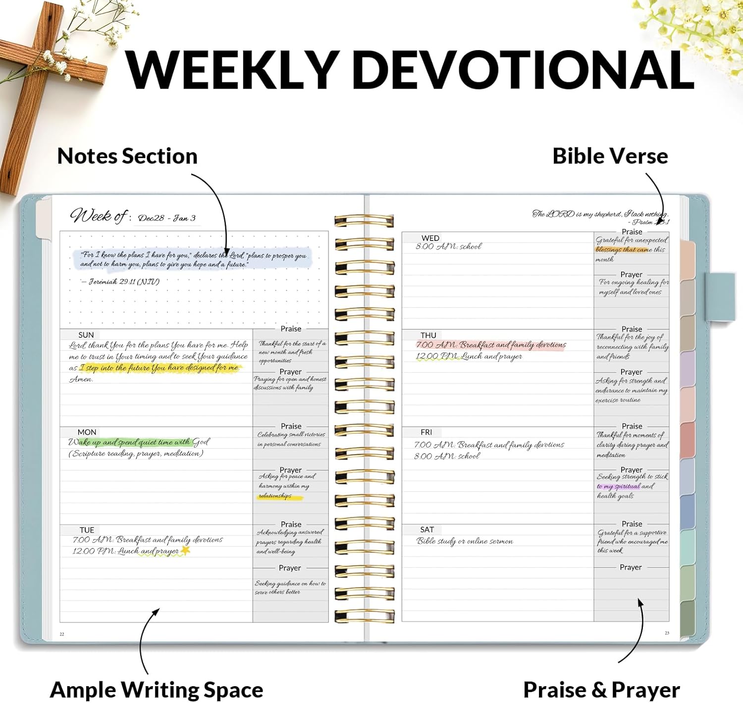 SUNEE Christian Planner - Undated 12 Month Bible Journal and Prayer Planner A5 Spiral Bound, Monthly & Weekly Christian Organizer Gifts for Women Men (Grey Blue)