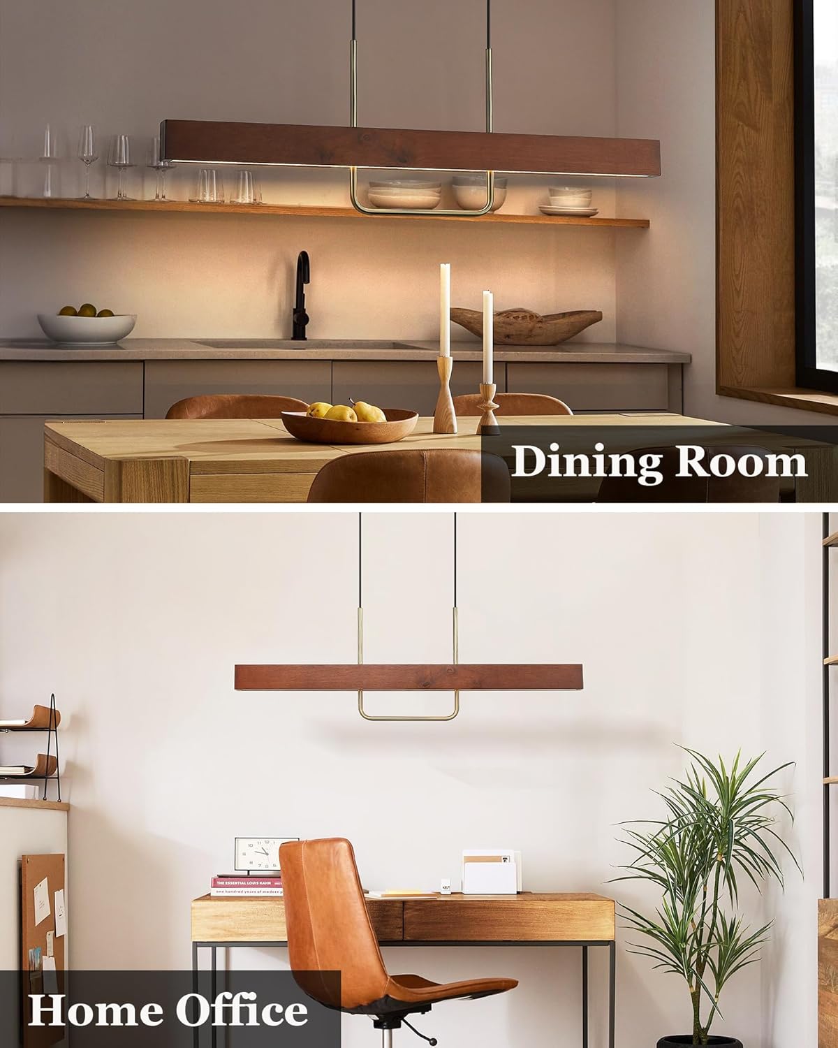 ELYONA 35.5" Wood Linear Pendant Light 20W LED Stepless Dimmable Kitchen Island Light Fixture with Remote & Touch Control Brass Metal Adjustable Color Temperature for Dining Room Office Pool Table