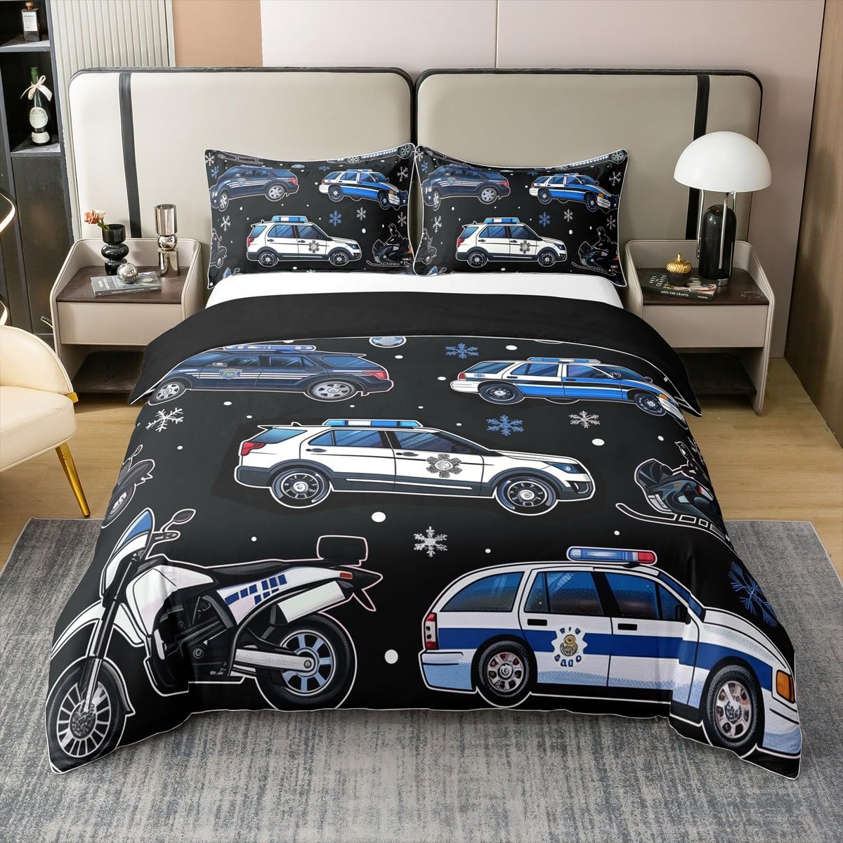 Polizei Autos 100% Baumwolle Bettbezug 135x200 für Jungen Mädchen,Cops Sheriffs Bettwäsche Set für Kinder,Polizist Fahrzeug Bettbezug,Winter Schneeflocke Bett Set mit 1 Kissenbezug für Schlafzimmer