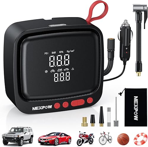 NEXPOW Inflador de neumáticos, compresor de aire portátil de 150 PSI, bomba de aire de 12 V CC con manómetro digital dual y apagado automático,