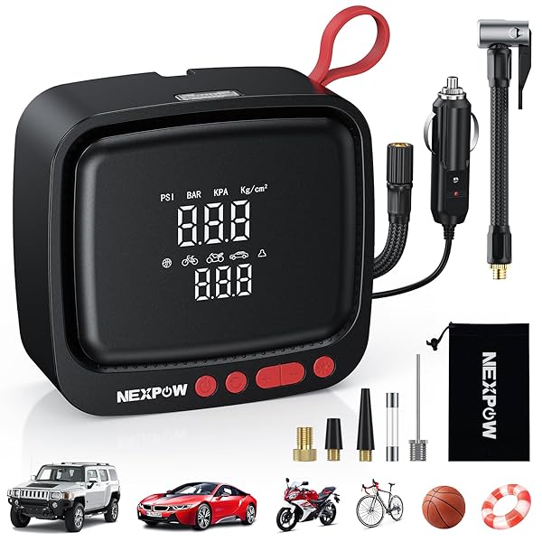 NEXPOW Tire Inflator Portable Air Compressor 150PSI 12V DC Air Pump with Dual Digital Pressure Gauge & Auto Shut-Off, Air Compressor Portable with LED Light for Car, Motorcycle, Bicycle, Ball and More