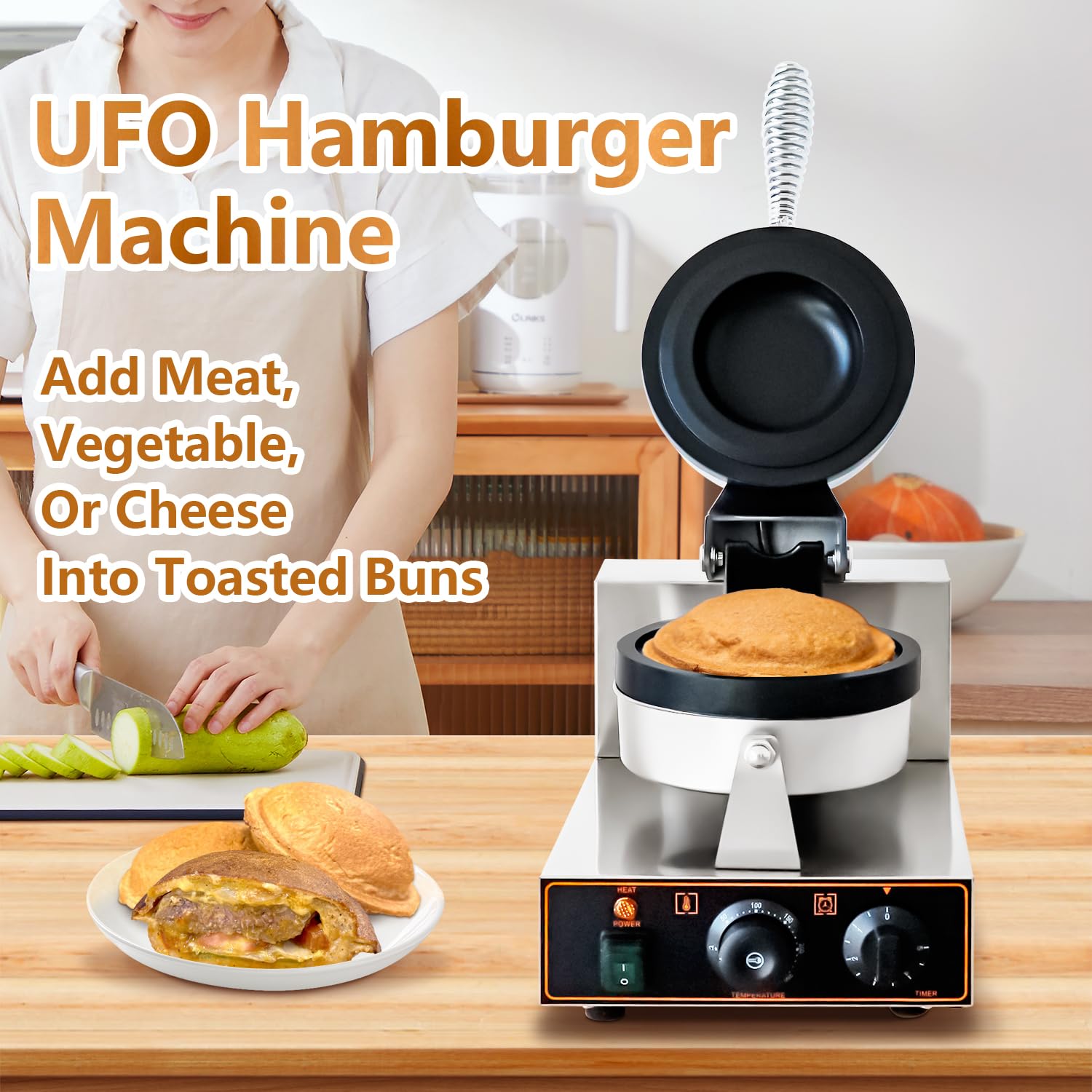 Elektrische UFO-Burger-Presse, kommerzielle Eisburger-Maschine für den Haushalt, 50-300 ℃ Antihaft-Pfanne, beidseitige Heizung