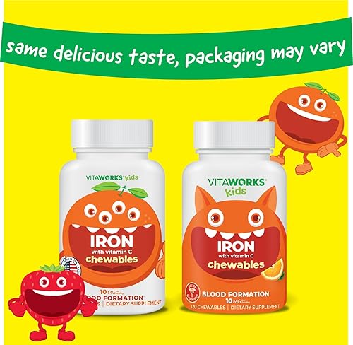 Miniatura 2 de Tabletas masticables de hierro para niños de 10 mg con vitamina C de 50 mg, sabroso sabor natural, vegano, vegetariano, sin OMG, sin nueces,