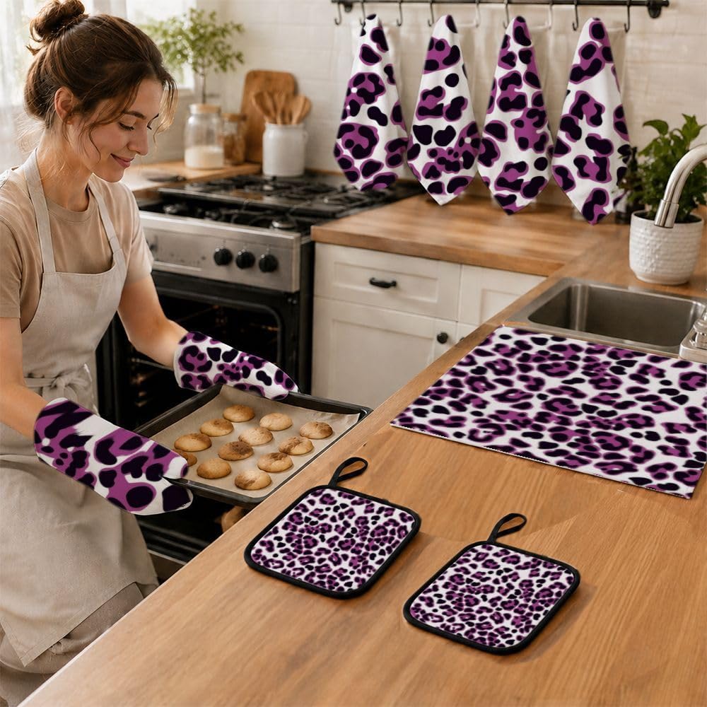 9PCS Viola Leopard Stampa Cucina Decor e Accessori Set