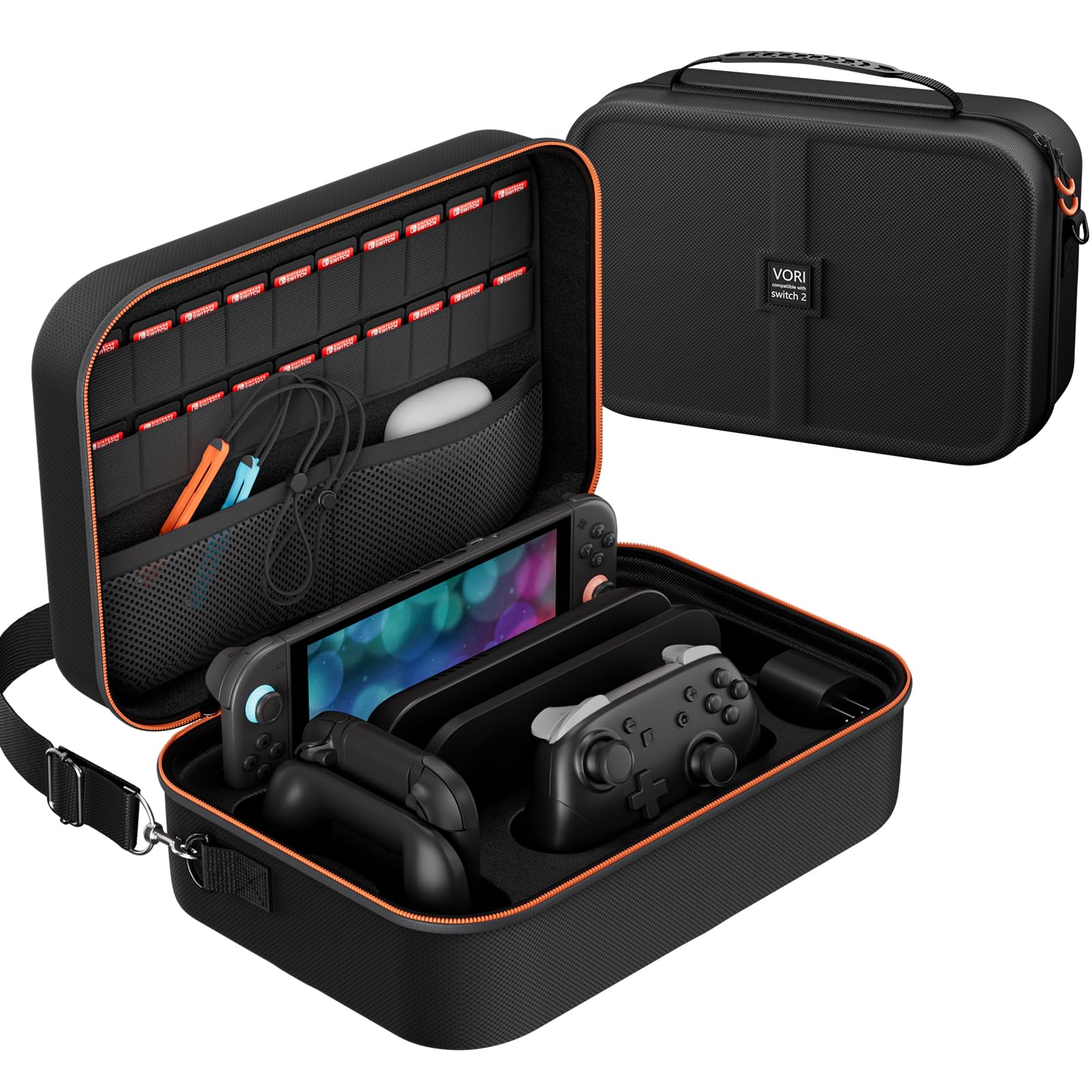VORI Switch 2 Case for Nintendo Switch 2(2025), Hard Shell Travel Carrying Case with 20 Game Card Slots, Fits Switch 2 Console & Pro Controller Accessories, Bla