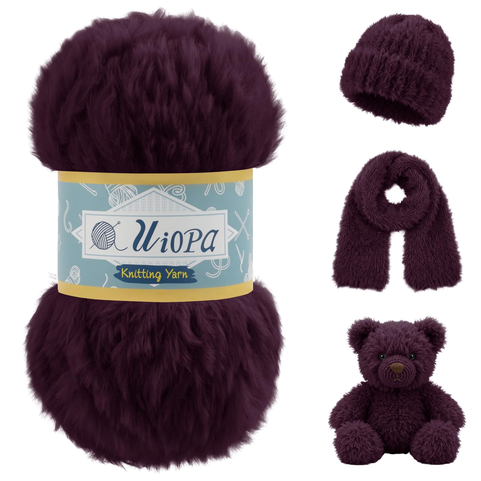 Uiopa Wine Red Faux Fur Yarn, 100g/56m Polyester Fluffy Yarn for Crochet, Plush Knitting Wool Chunky Fluffy Wool for Scarves Hats Shawls Amigurumi DIY Crafts