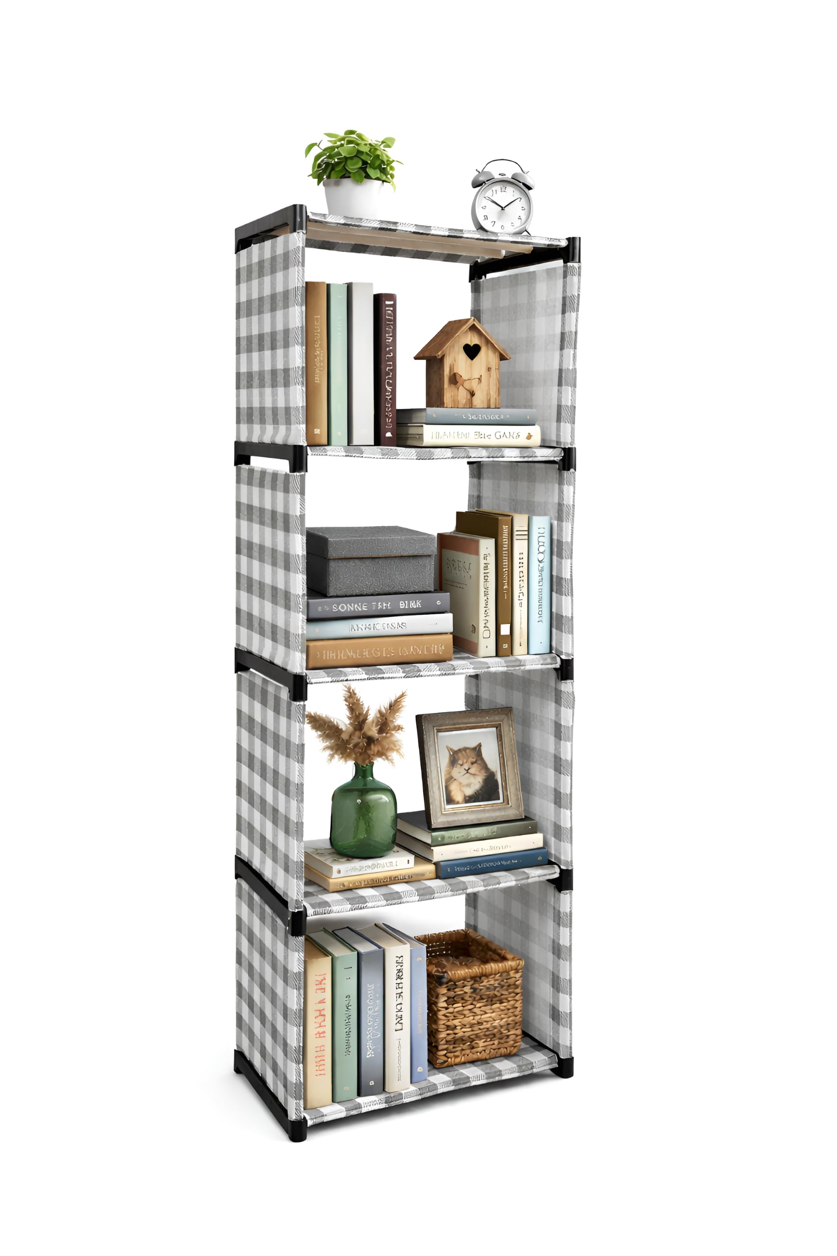 4-Tier Multipurpose Storage Rack - Compact 30x45x30 cm Foldable Cube Organizer - Brown Checkered Fabric Bookshelf & Toy Storage for Home, Office, and Small Spaces-image-22