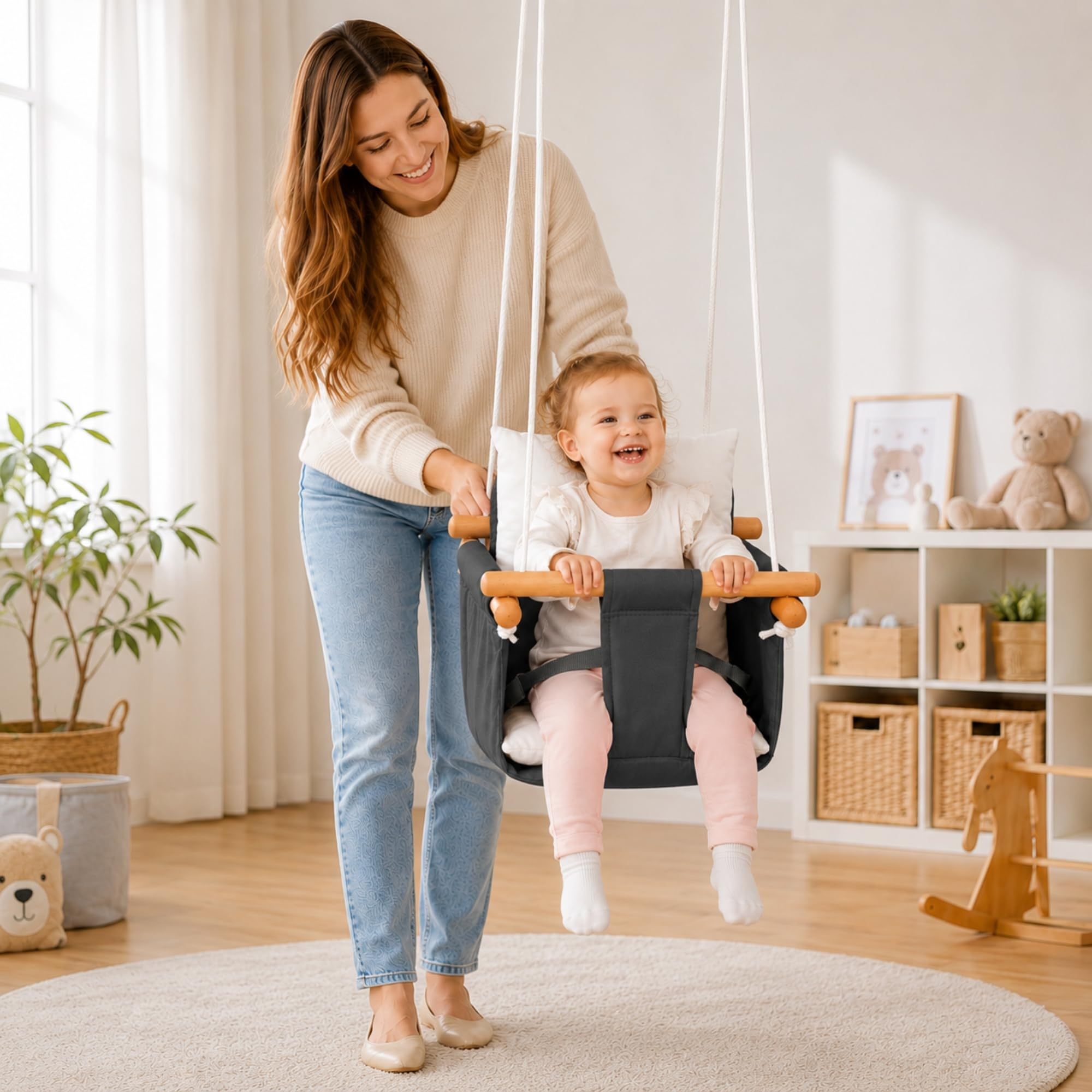 Balançoire bébé intérieur Coton Bois hêtre Blanc 30 kg | Avec ceinture de sécurité, hauteur réglable et ancrage plafond, Fabriquée en UE