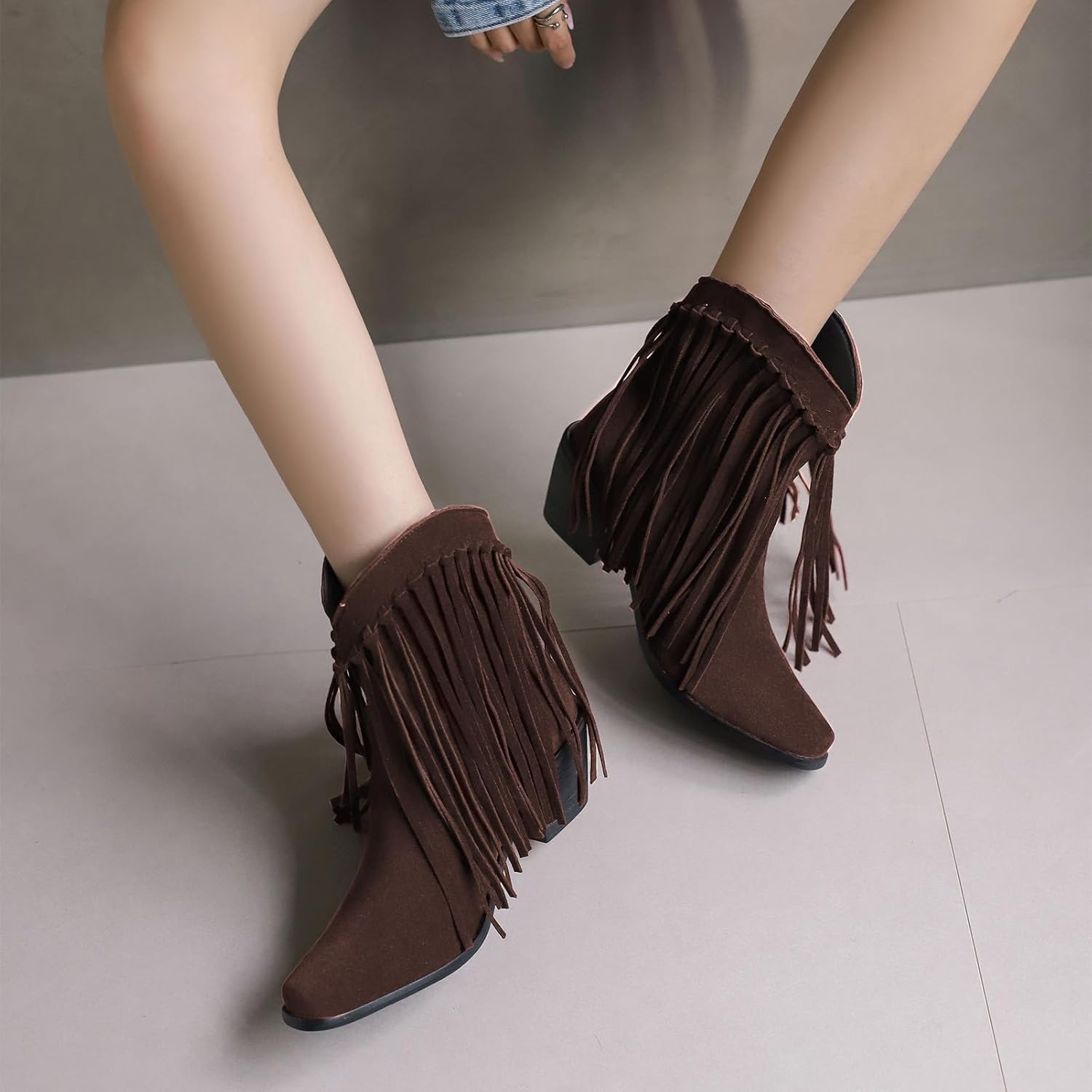 rismart Women's Western Ankle Boots Square Toe Chunky Heel Pull-On Booties with Tassels Casual Cowgirl Shoes