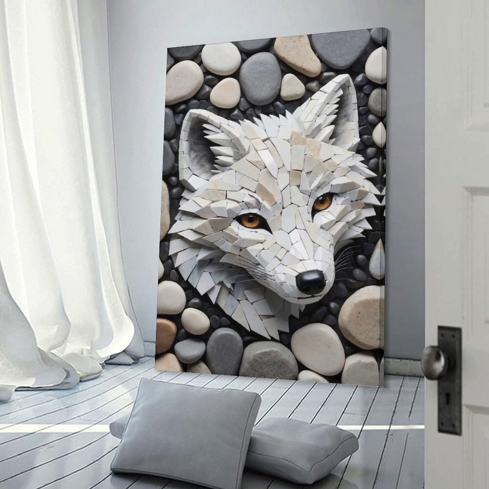Junmoney Mosaic Wolf Head on Stone Background Canvas Wall Picture, 20x30inch(50x75cm), for Home, Office, Studio Or Guest Room, A Flexible Wall Accent for Shared Spaces