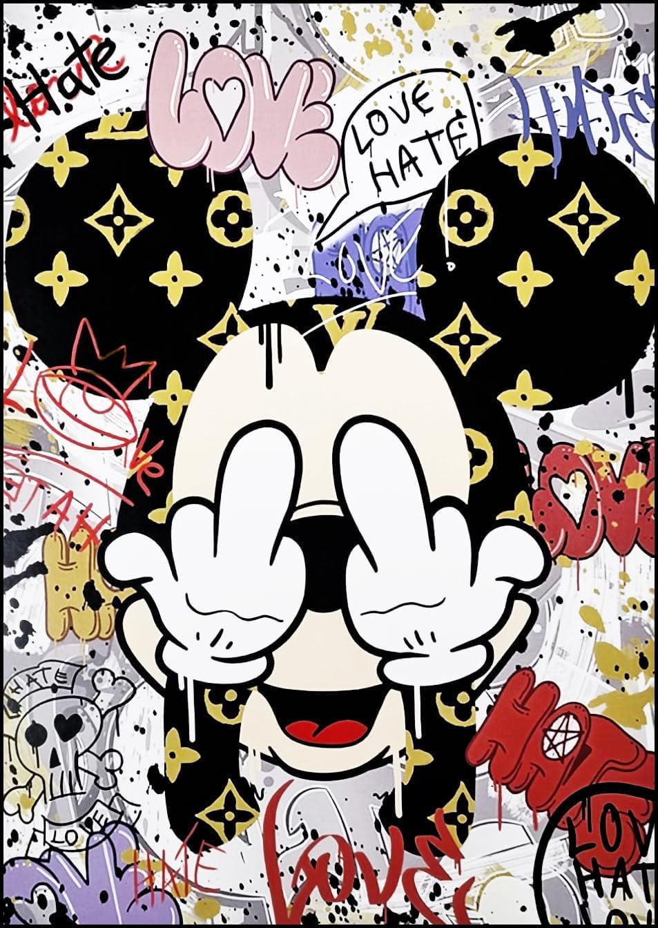 Disney Tableau mural ou de table, série Pop Art Street Art Mickey Mouse Love Hate, impression artistique sur bois, 30 x 21 cm