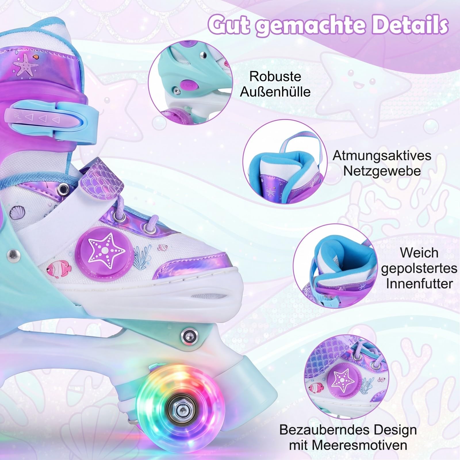 COSTWAY Rollschuhe Kinder 4 Größen verstellbar, Quad Skates mit leuchtenden LED Rädern, Kinderrollschuhe, Roller Skates Drinnen & Draußen für Jungen, Mädchen & Anfänger ab 5 Jahren