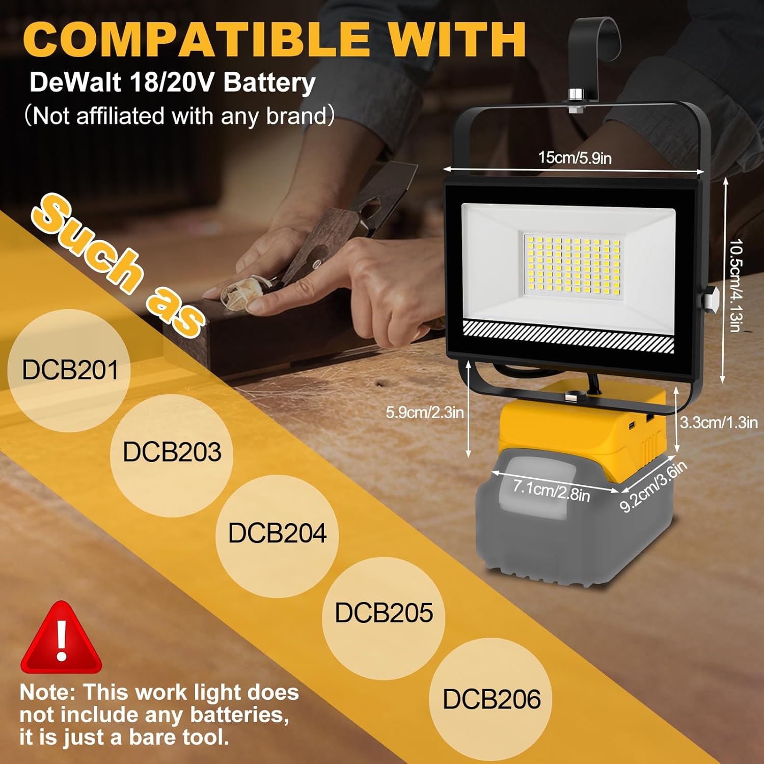 60W 6000LM Cordless Work Light Compatible with DeWalt 20V Battery (Battery Not Included), Portable LED Flashlgiht Flood Light with USB &Type C Charging for Job Site, Emergency, Fishing, Camping