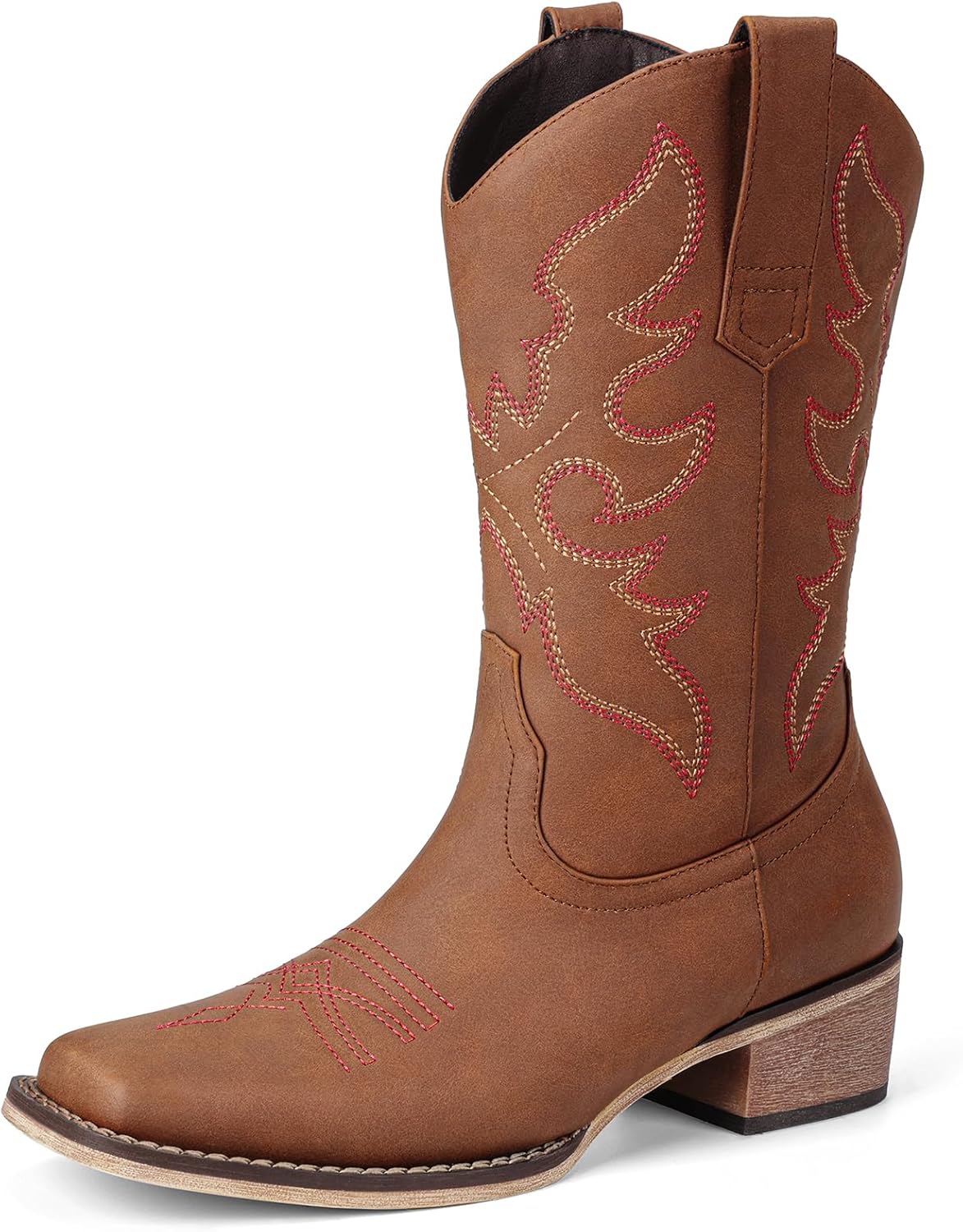 Bybmorto Cowboy Boots for Women Square Toe - Mid Calf Western Cowgirl Boots with Embroidery, Pull On Low Chunky Heel Fashion Footwear for Daily Casual Party Country Concert Rodeo