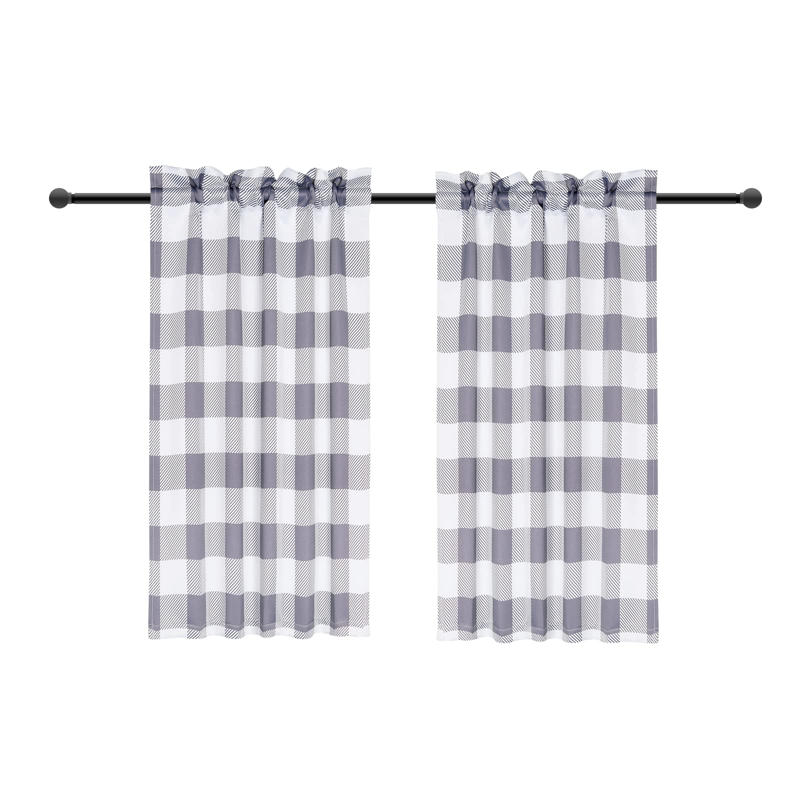 Buffalo Check Kitchen Tier Curtains - White & Gray Plaid 26x30 Inch Cafe Window Curtains