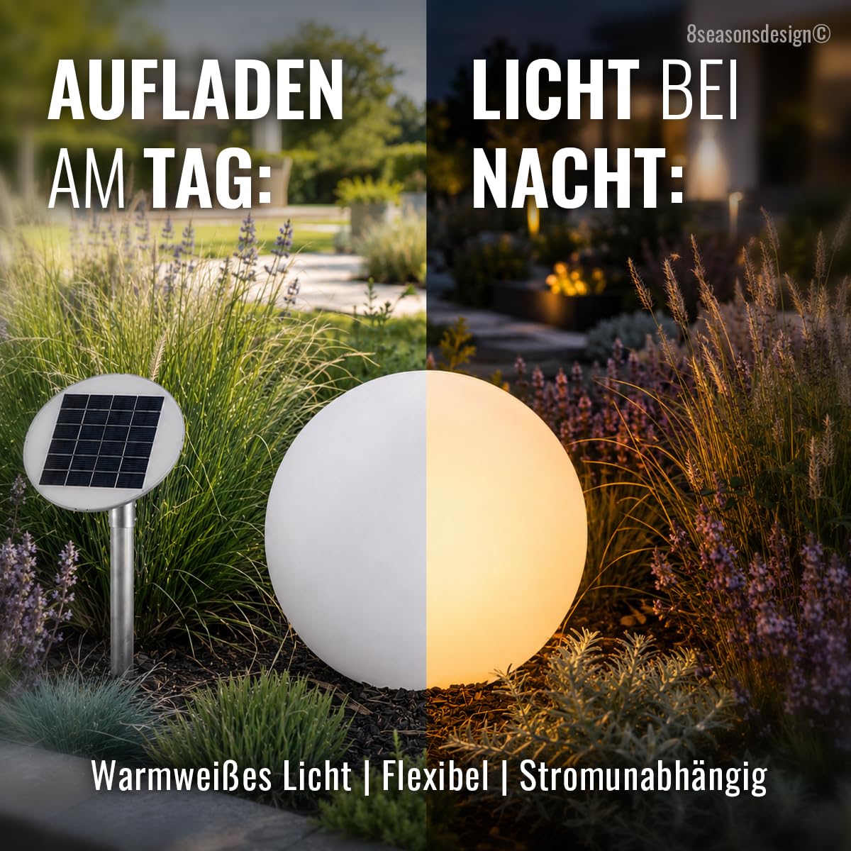 8 seasons design Solar Kugelleuchte 30 cm Shining Globe (weiß) LED warmweiß, Dämmerungssensor – wetterfest – Solarlampe für außen (Garten, Terrasse, Balkon)