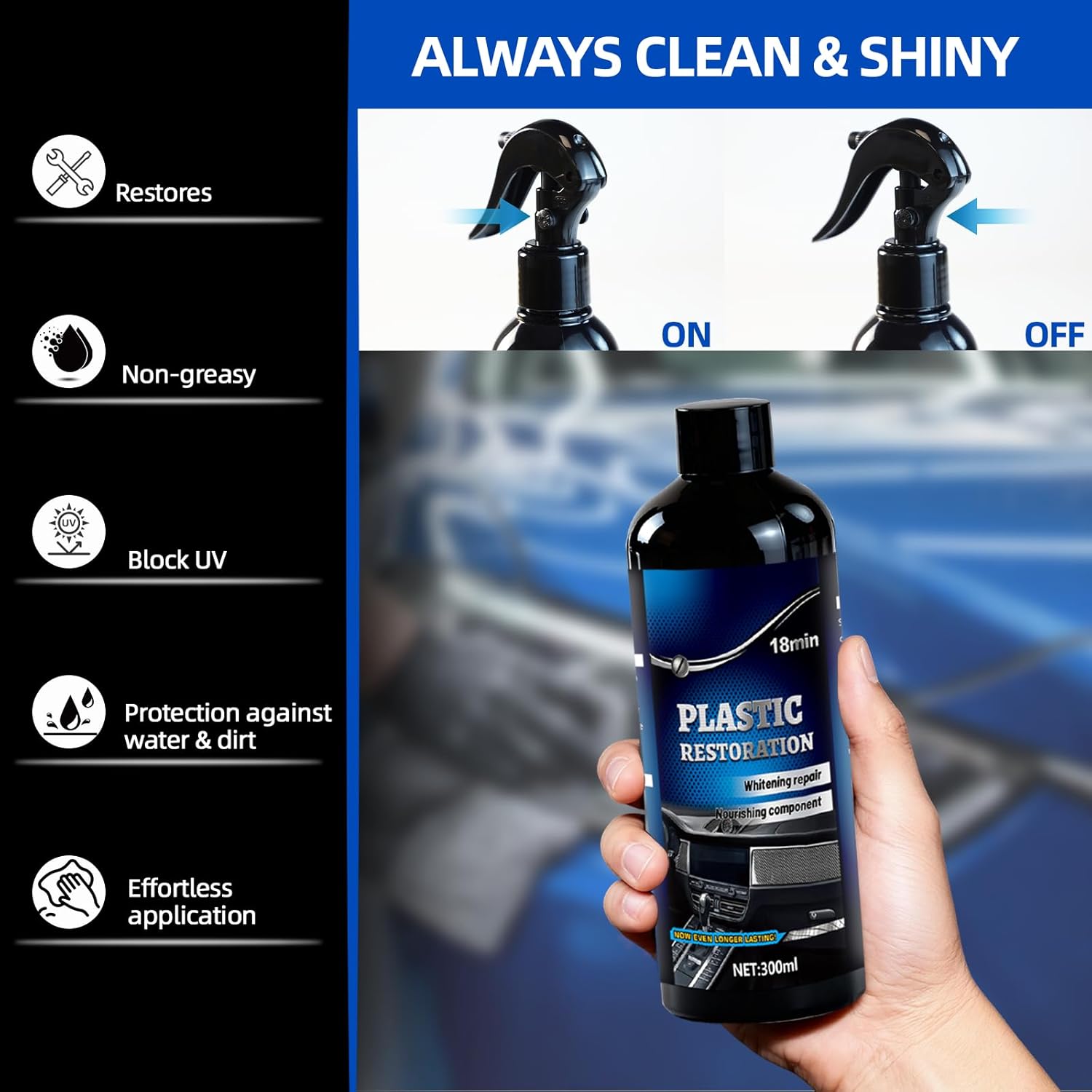 Plastic Restorer for Cars, Highly Concentrated Ceramic Coating Back to Black Auto Exterior and Interior Trim Scratch Remover on Plastic, Vinyl & Rubber, 300ml