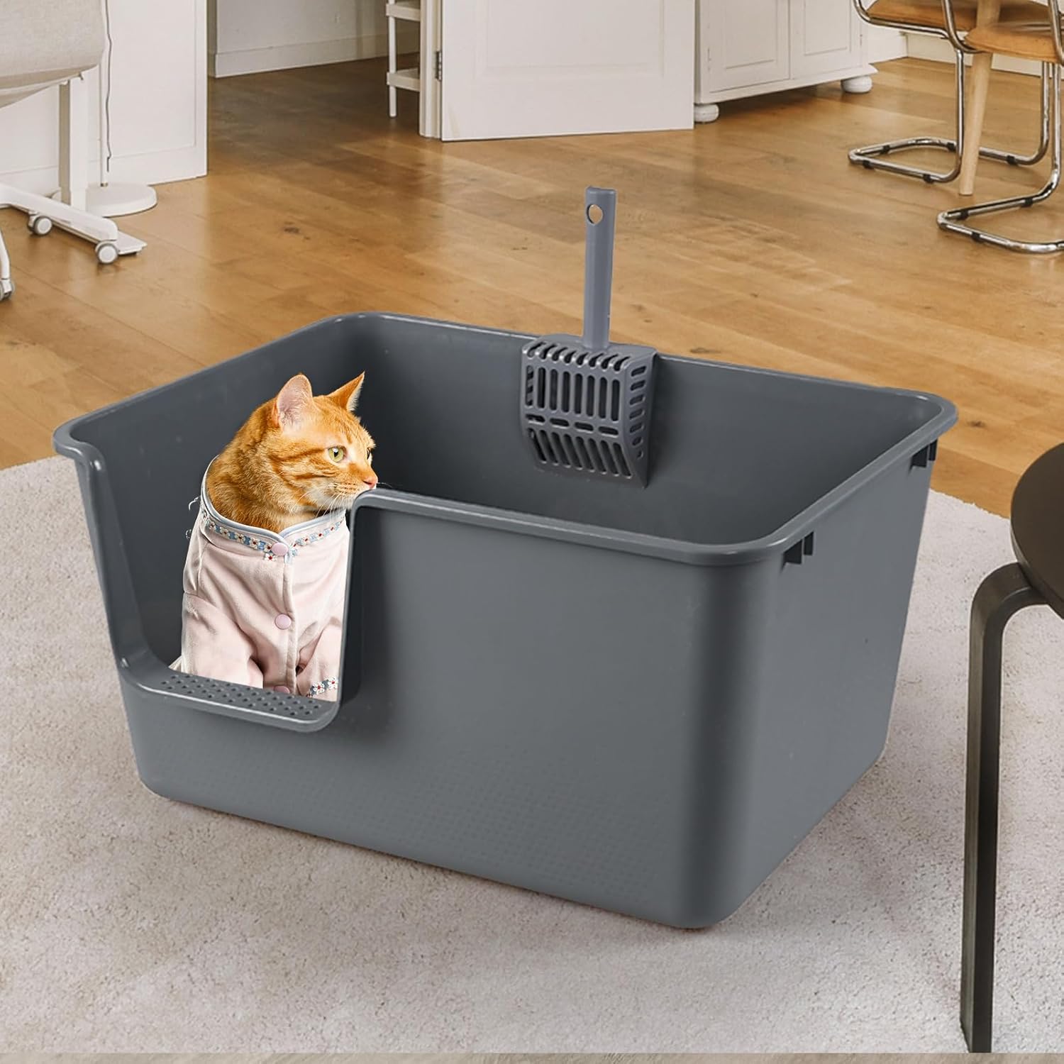2-Pack Extra Large Cat Litter Box with Low Entry, Open Top High Side Cat Litter Boxes, Gray
