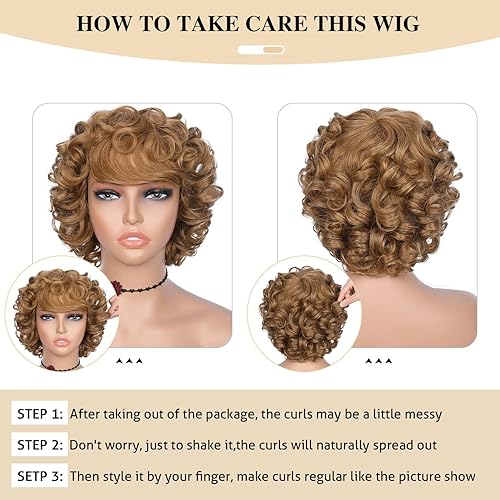 Miniatura 7 de Quantum Love Pelucas cortas de cabello humano rizado y suelto, 8 pulgadas, color marrón, cabello virgen brasileño con volumen, peluca afro rizada