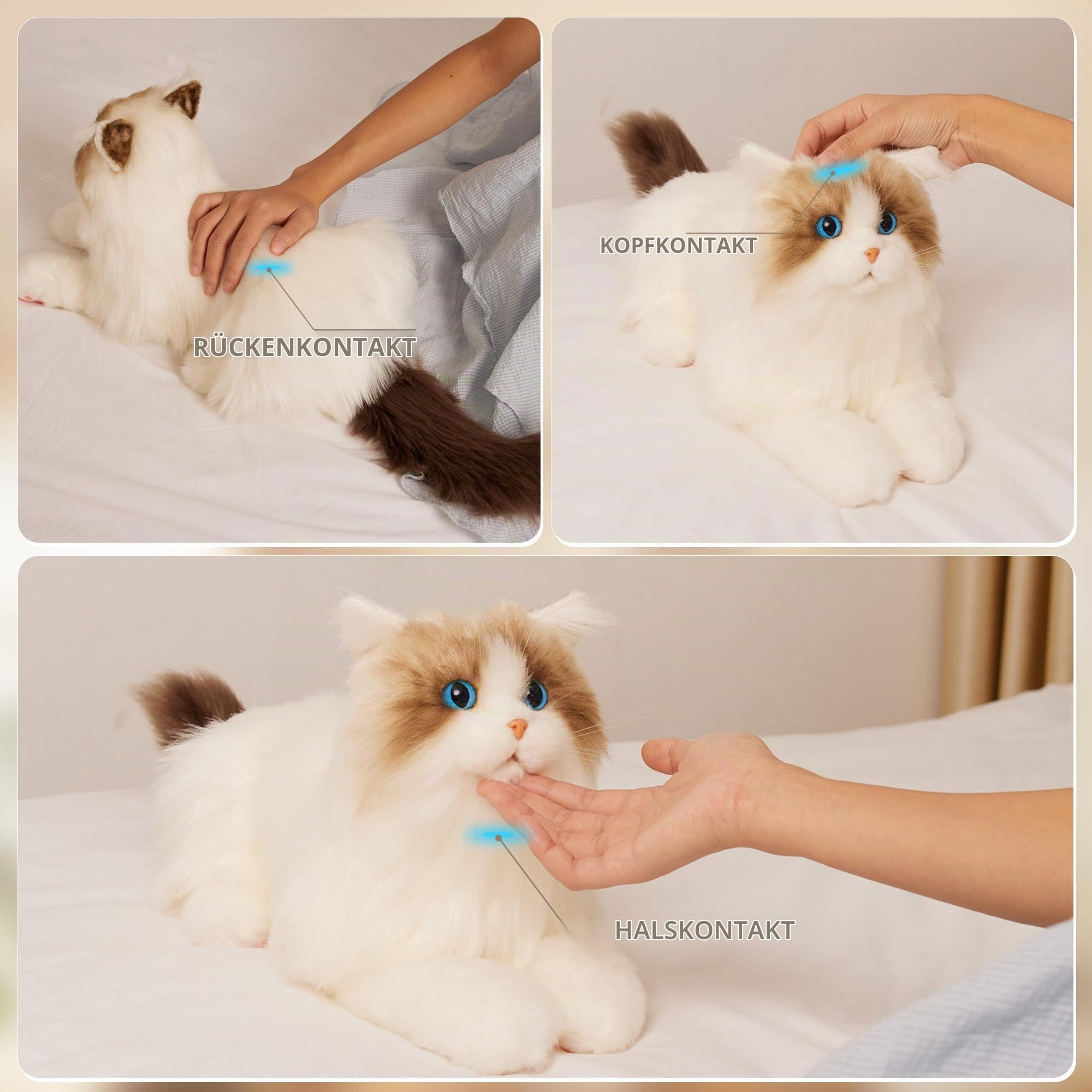Chongker Interaktive Ragdoll Katze, Realistische Plüschkatze mit Miauen, Schnurren und Herzschlag, Beweglichem Kopf und Schwanz, Ideale Haustieralternative