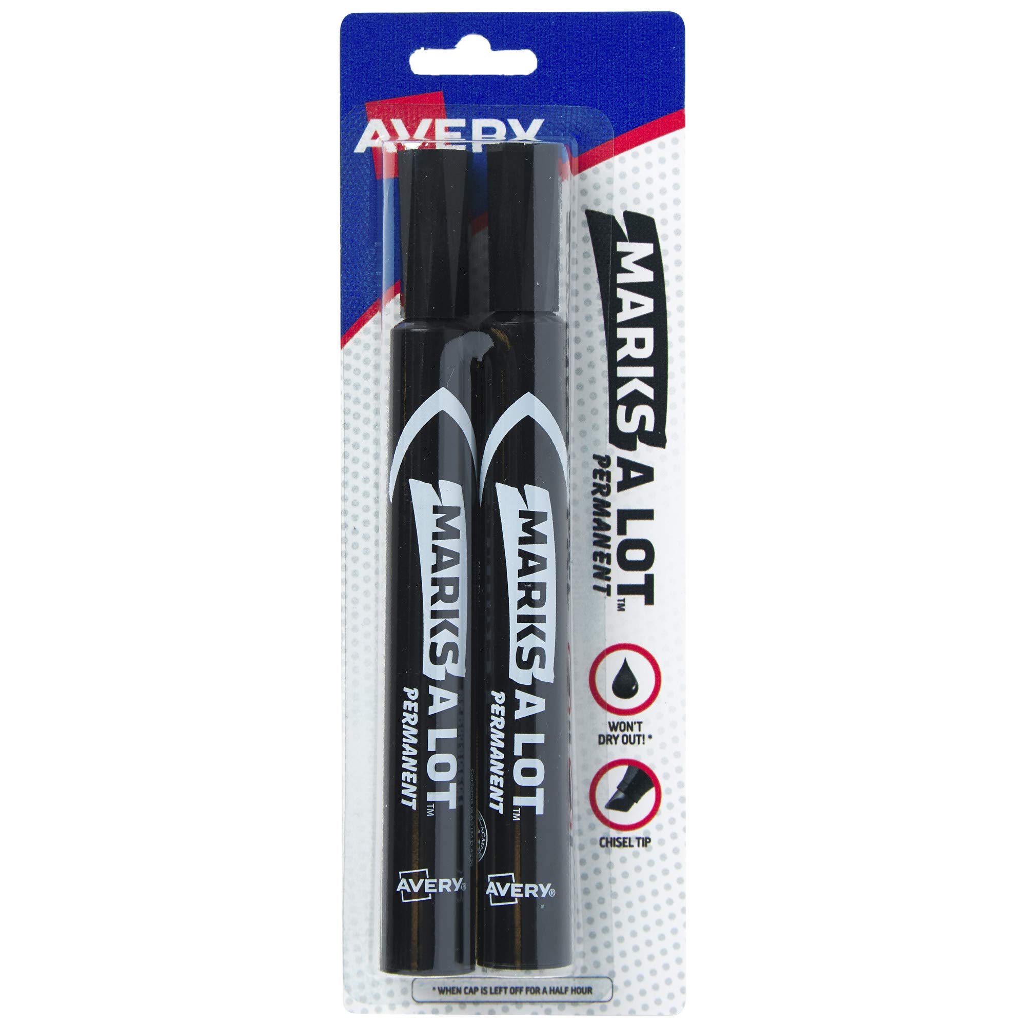 AVERYMarks-A-Lot Permanent Markers, Large Desk-Style Size, Chisel Tip, Water and Wear Resistant, 2 Black Markers (18922)