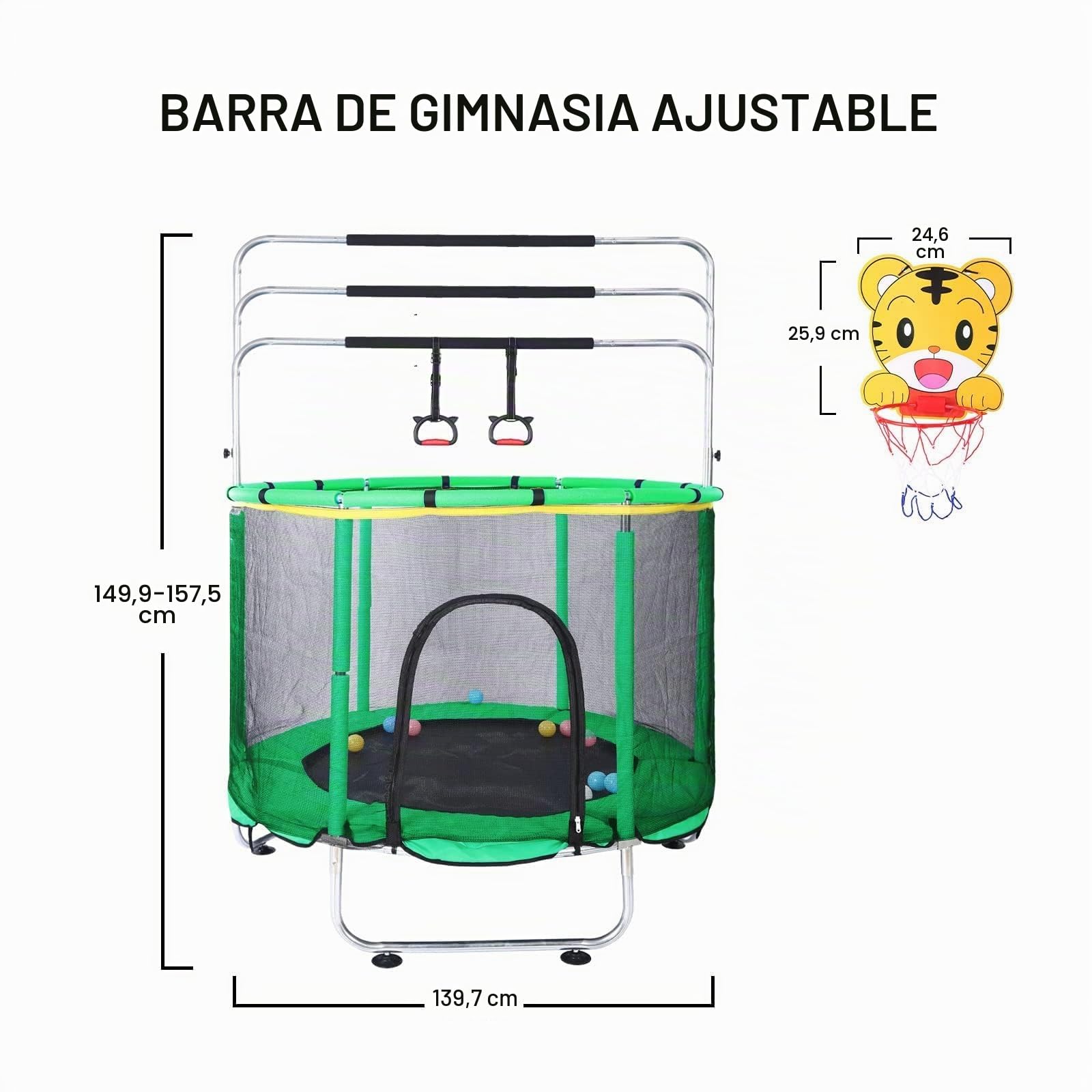 Trampolín para niños, cama elástica ajustable para bebés con aro de baloncesto, 440 libras, para interiores y exteriores con recinto (verde)