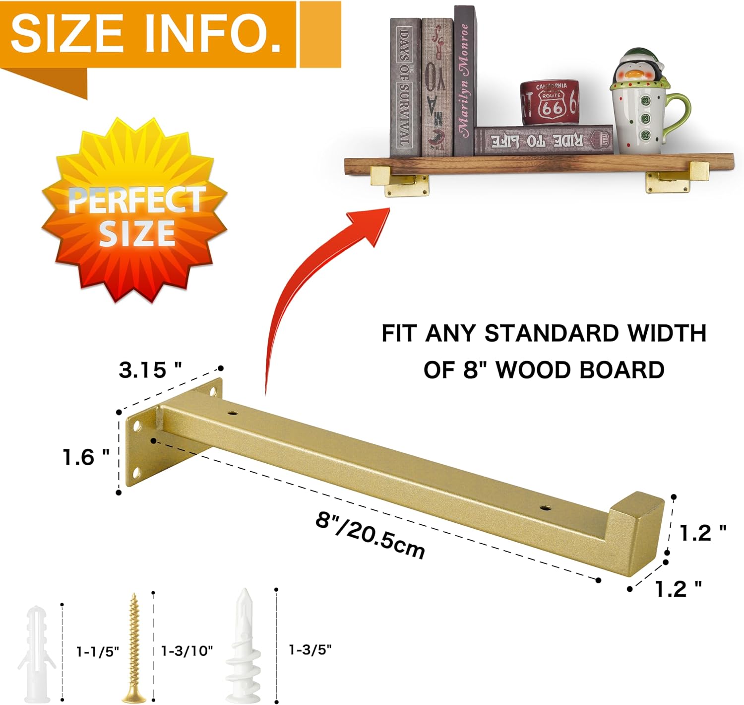 EZYDECOR 6 Pcs 8-Inch Floating Shelf Brackets Heavy Duty Wall Mounted Gold Metal Shelving Supports with Lip (Gold) 8"