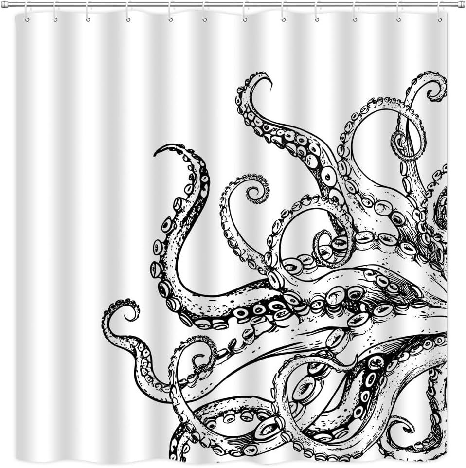 Octopus Shower Curtain Funny Black and White Ocean Kraken Giant Tentacle Vintage Nautical Animal Gothic Polyester Curtains Bathroom Decor with Hooks 90" Wx70 H