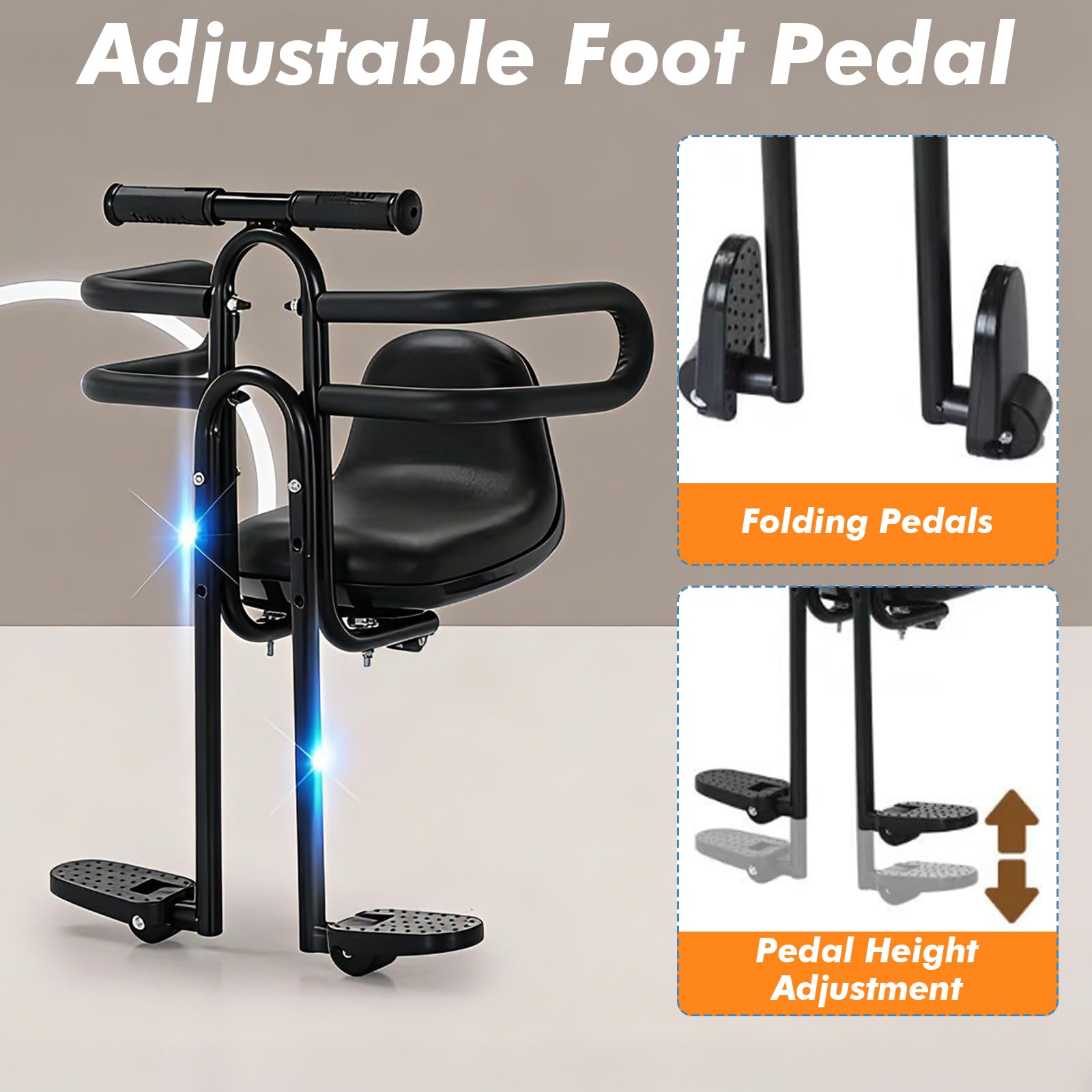 Siège Enfant Vélo Avant pour VTT, Siège Vélo Enfant Avant avec Accoudoirs & Repose-Pieds – Porte-bébé Vélo pour Adulte (2-6 Ans, 30kg) – Arceau de Sécurité & Sangles Réglables