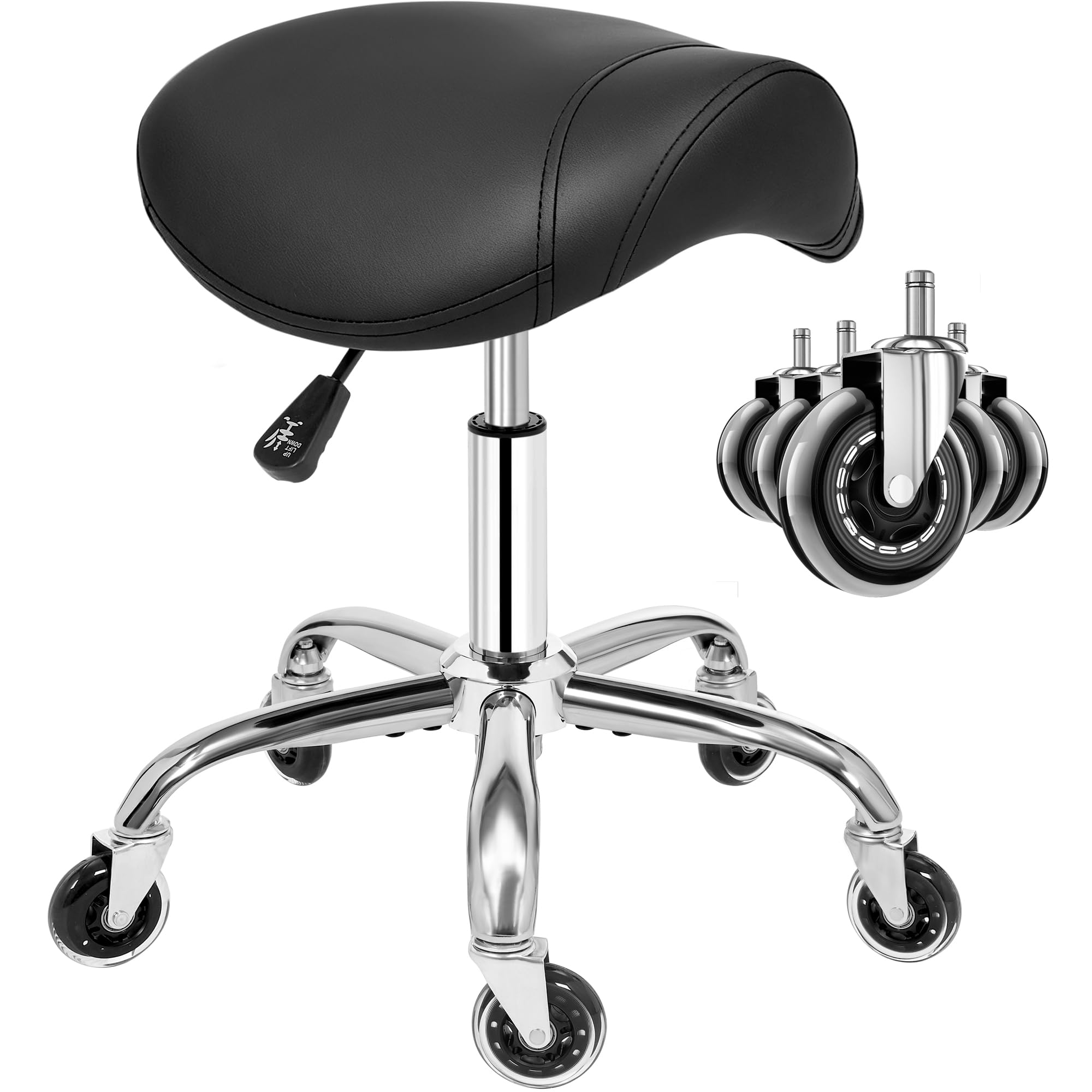 ANWBROAD Tabouret à roulettes pivotant à 360° roulettes Réglable en Hauteur Tabouret Selle de Cheval Ergonomique Cuir épais Assise Large pour Salons de Beauté, Salon, Massage, Clinique Noir WSS001B