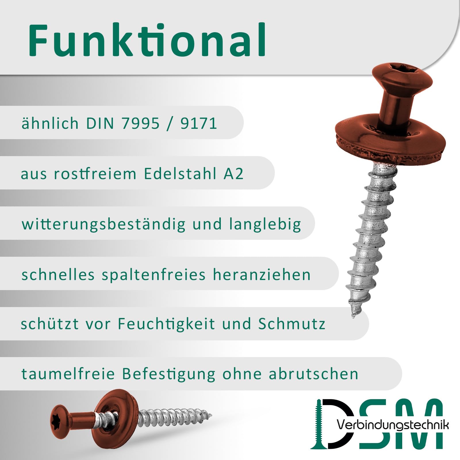 DSM Tornillos de fontanería rojo óxido 4,5 x 45 mm, acero inoxidable A2, lacado RAL 3009, con arandela de sellado EPDM (15 mm), accionamiento TX, similar a DIN 7995/DIN 9171, 100 unidades