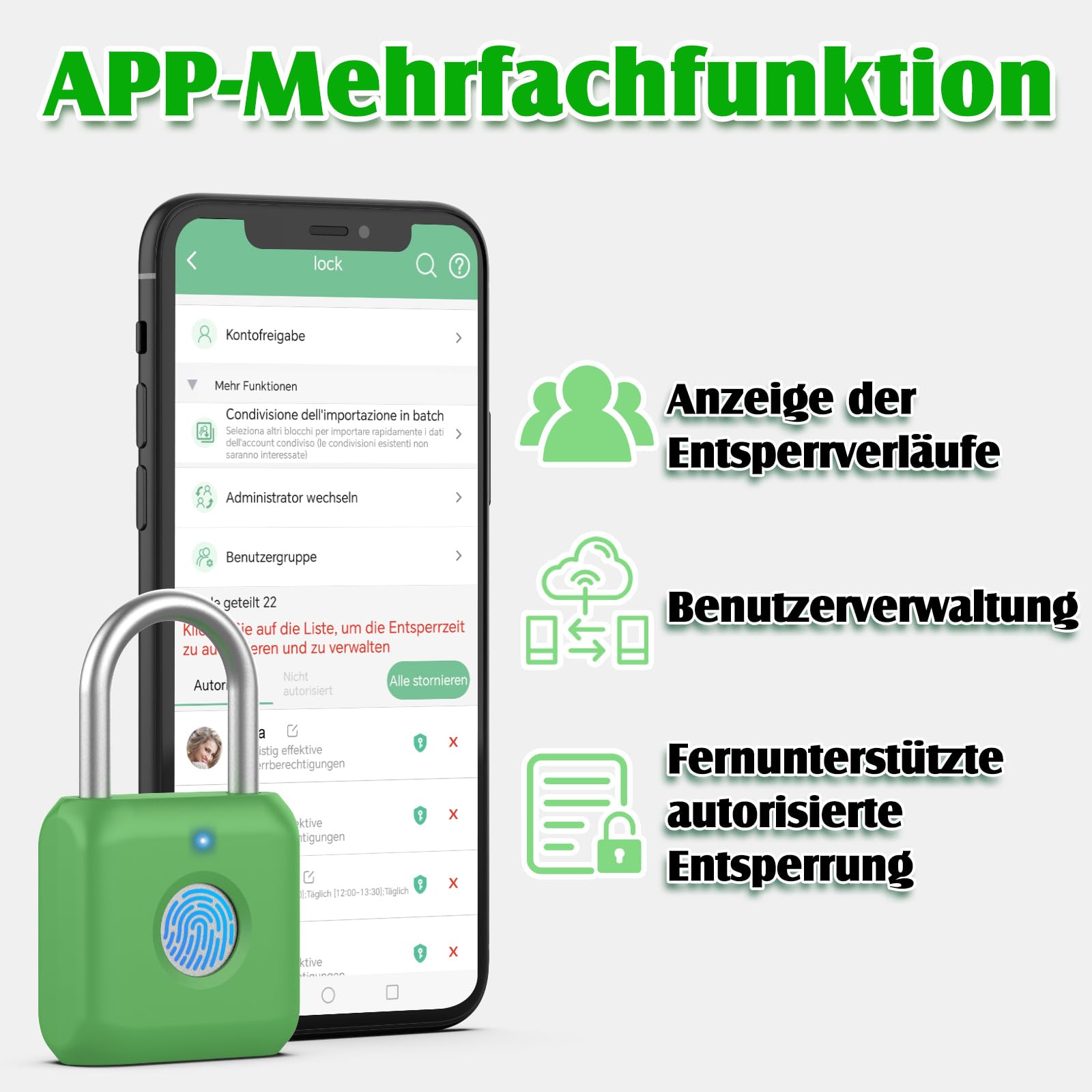 Anweller Cerradura inteligente con Bluetooth, candado de huellas dactilares, candado con huella dactilar, pequeño para gimnasio, oficina, casa, jardín (verde aguacate)